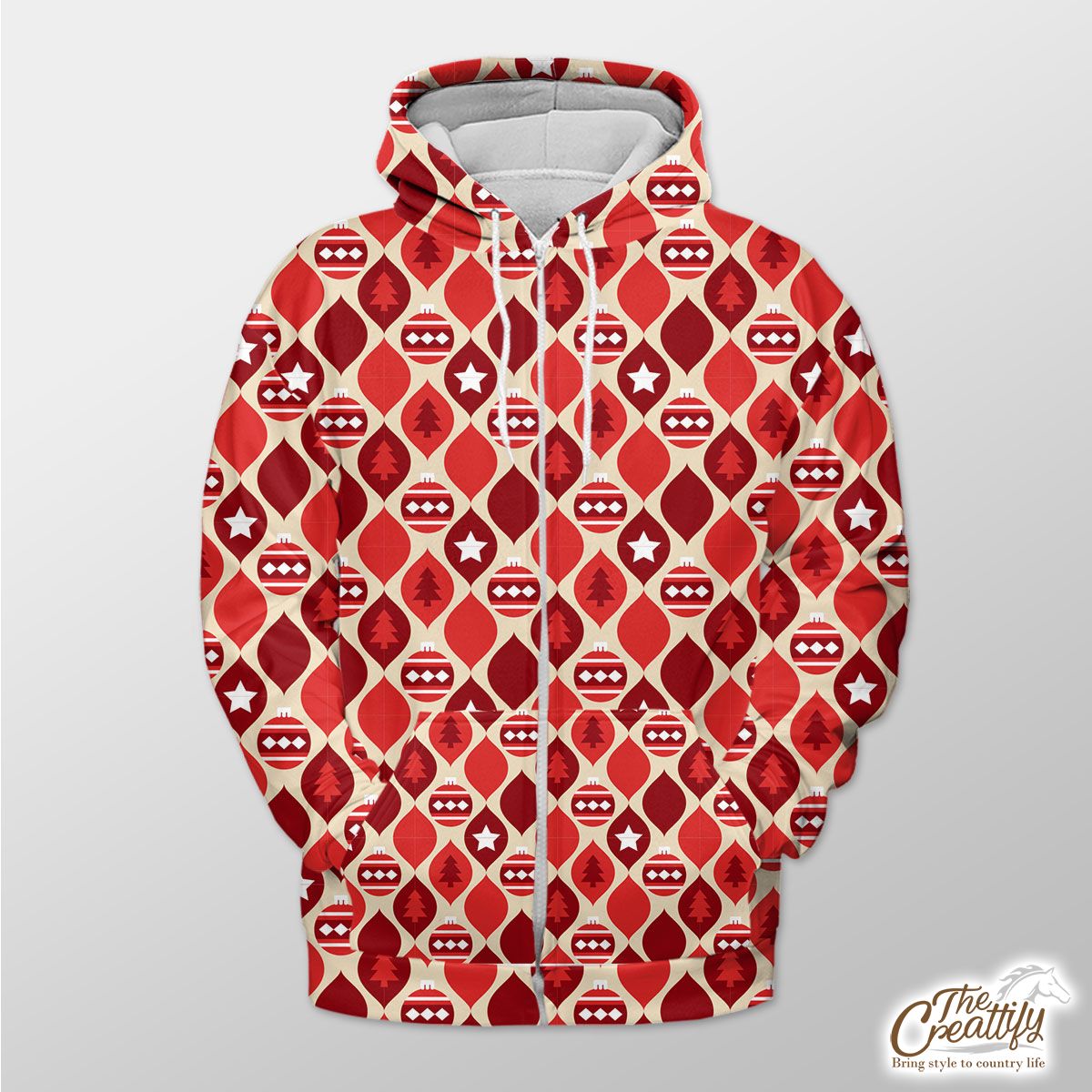 Christmas Balls With Pine Tree Silhouette Seamless Red Pattern Zip Hoodie