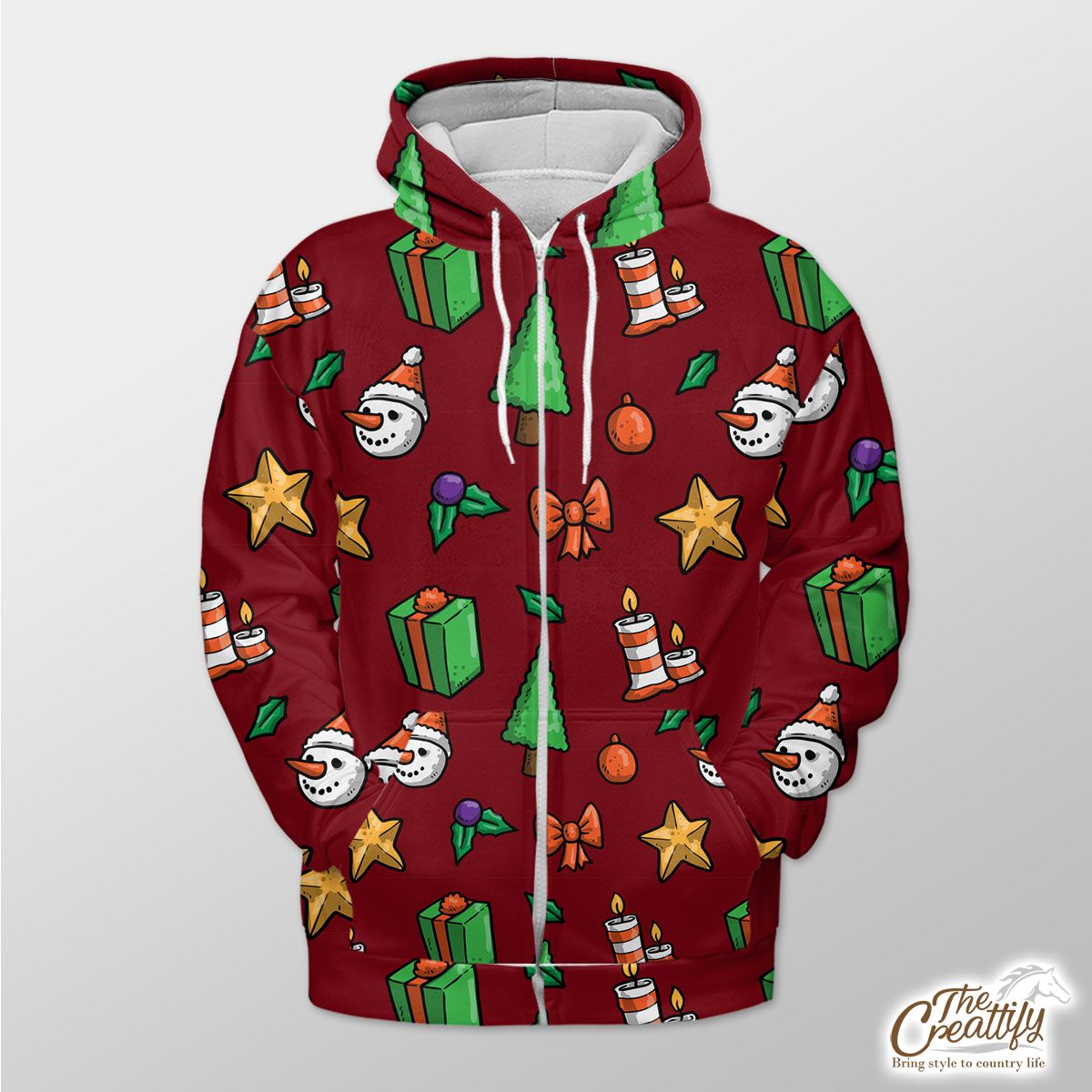 Christmas Gifts, Candles, Pine Tree And Snowman FaceWith Santa Hat Red Pattern Zip Hoodie