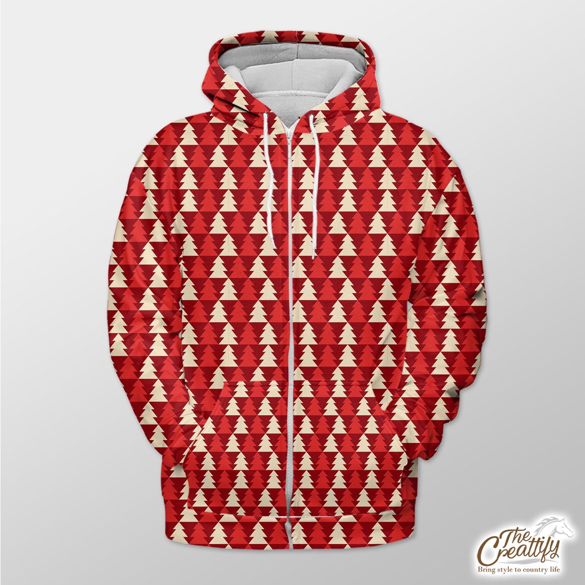 Red And White Pine Tree Silhouette Seamless Pattern Zip Hoodie