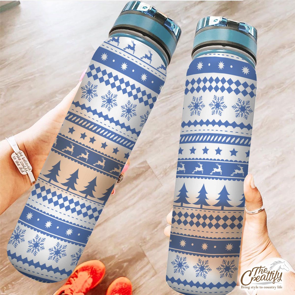 Christmas Pine Tree Silhouette, Reindeer And Snowflake Seamless Blue Pattern Tracker Bottle