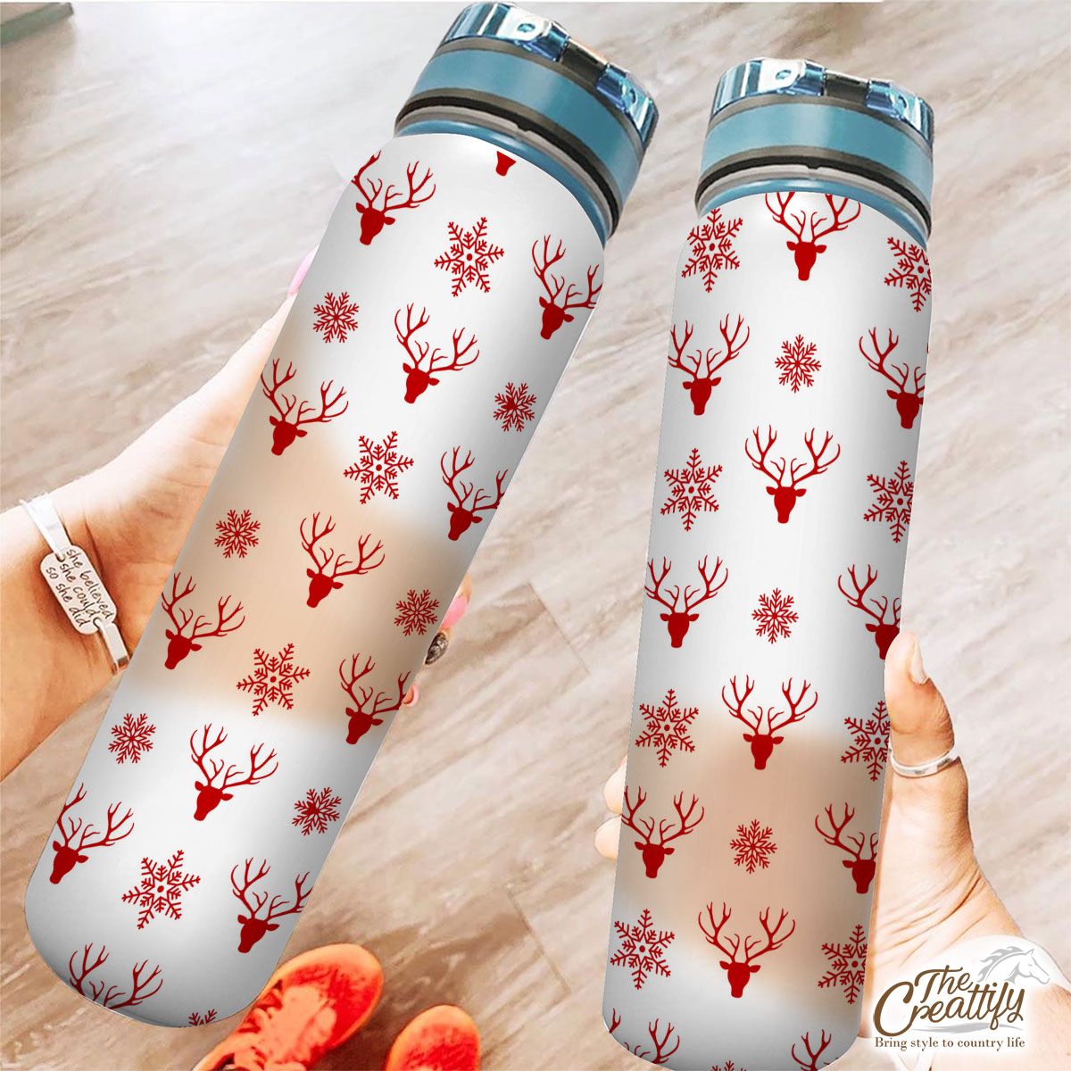 Christmas Reindeer And Snowflake Clipart Seamless White Pattern Tracker Bottle