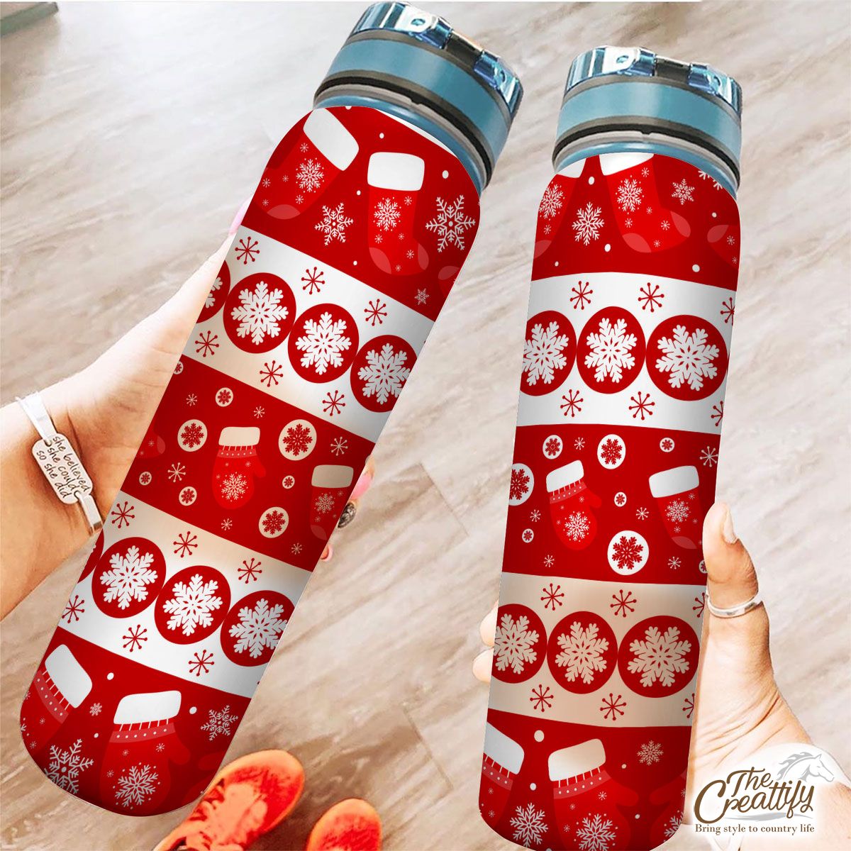 Christmas Wool Gloves, Red Socks And Snowflake Red Pattern Tracker Bottle