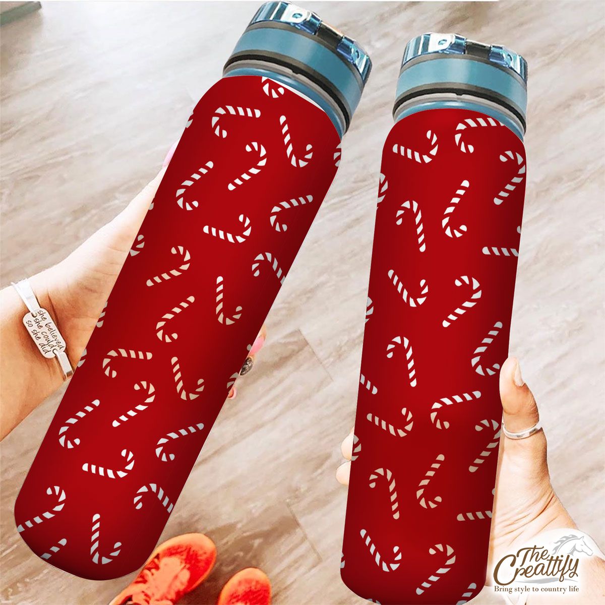 Happy Christmas With Candy Canes Seamless Red Pattern Tracker Bottle