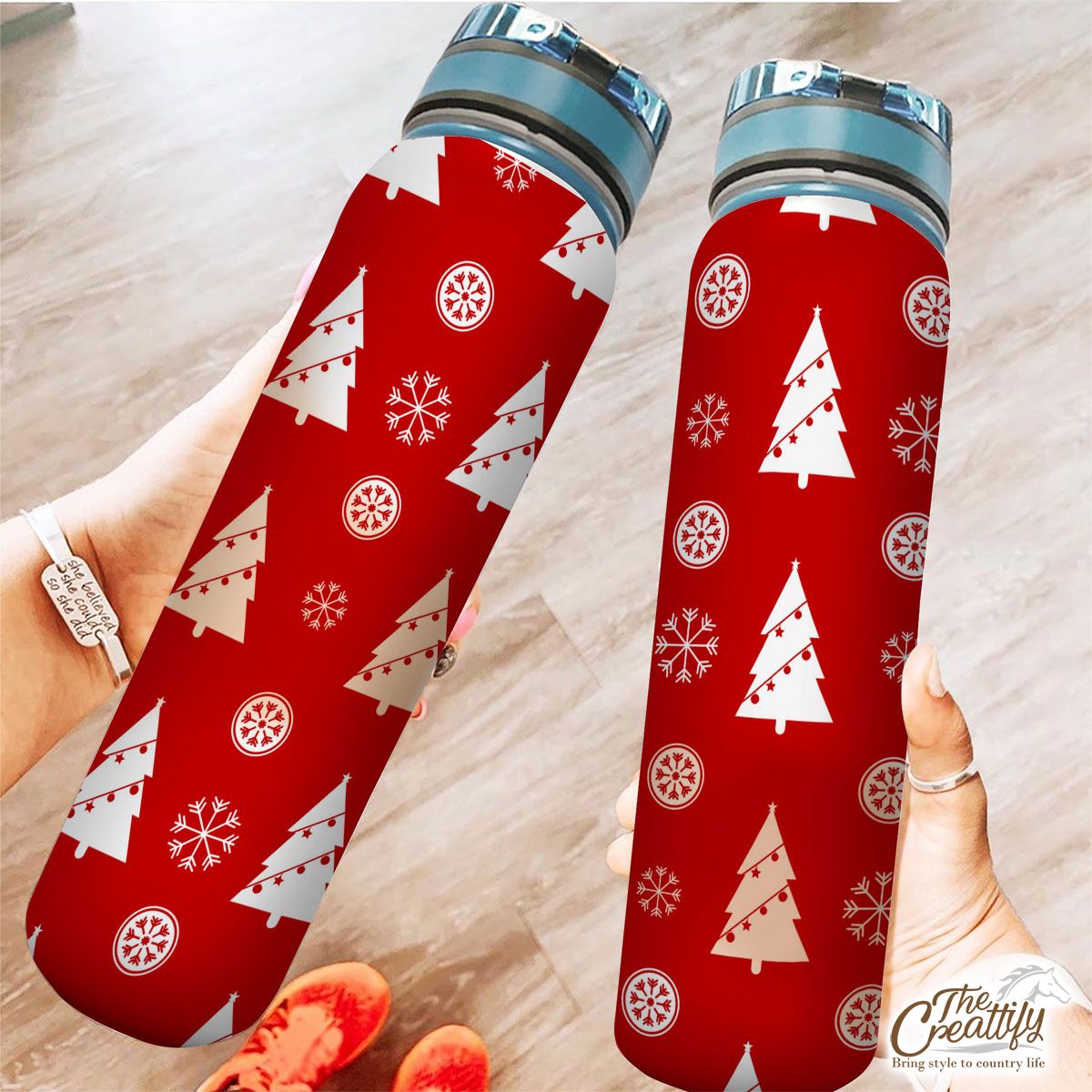 Pine Tree Decorated With Christmas Light And Snowflake Seamless Red Pattern Tracker Bottle