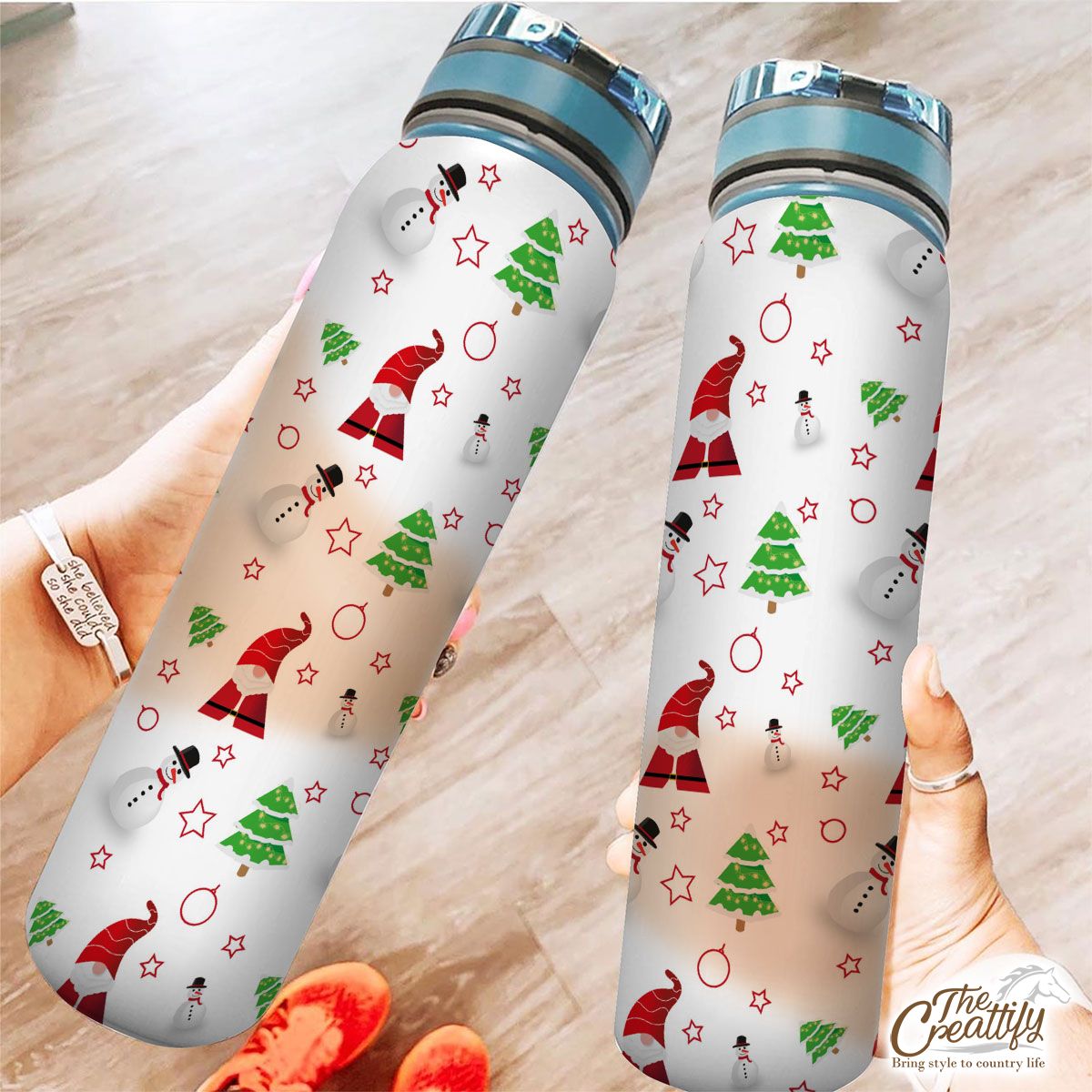 Santa Claus, Snowman Clipart And Pine Tree Silhouette Seamless Pattern Tracker Bottle