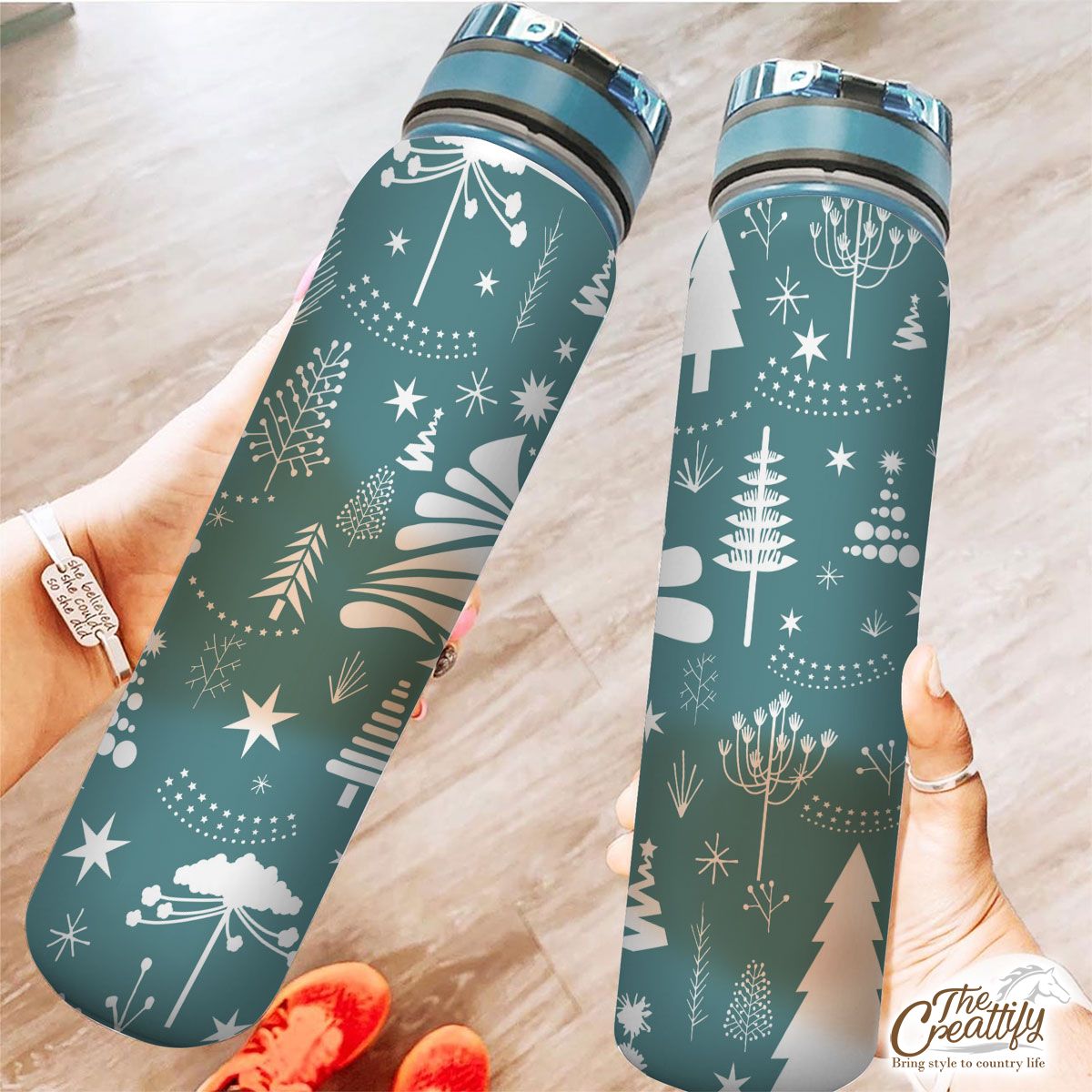 White And Blue Pine Tree Silhouette Pattern Tracker Bottle