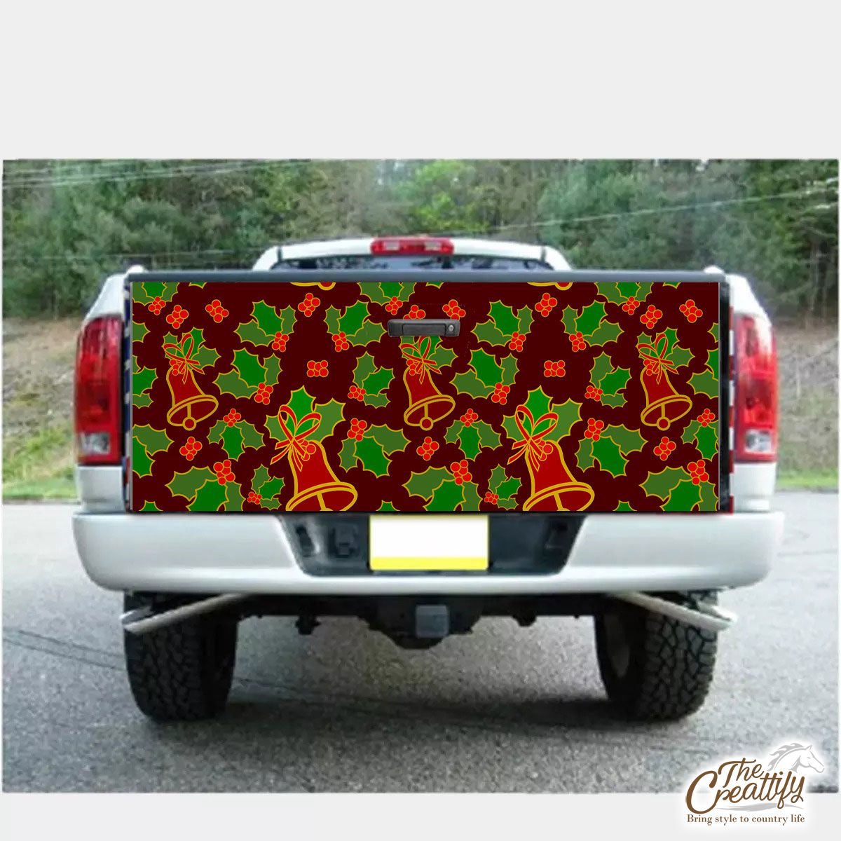 Christmas Bells And Holly Left On The Red Background Truck Bed Decal