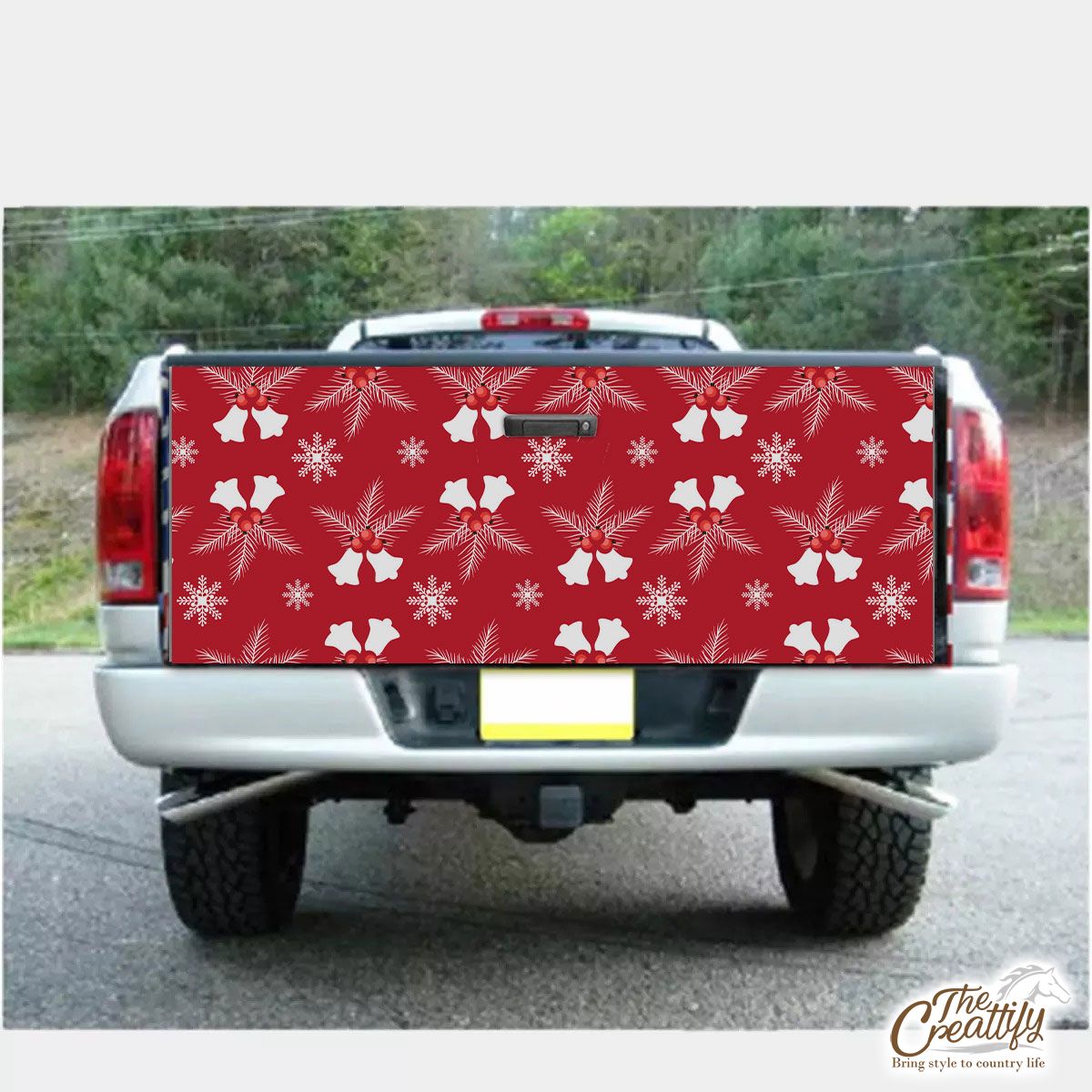 Christmas Bells With Cranberries On The Snowflake Red Background Truck Bed Decal