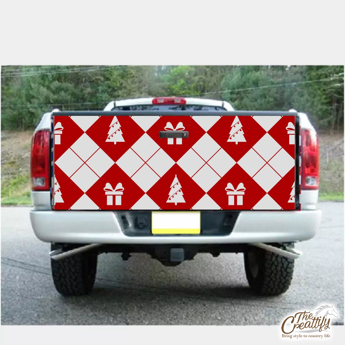 Christmas Gifts And Pine Tree Decorated With Lights On Red And White Background Truck Bed Decal