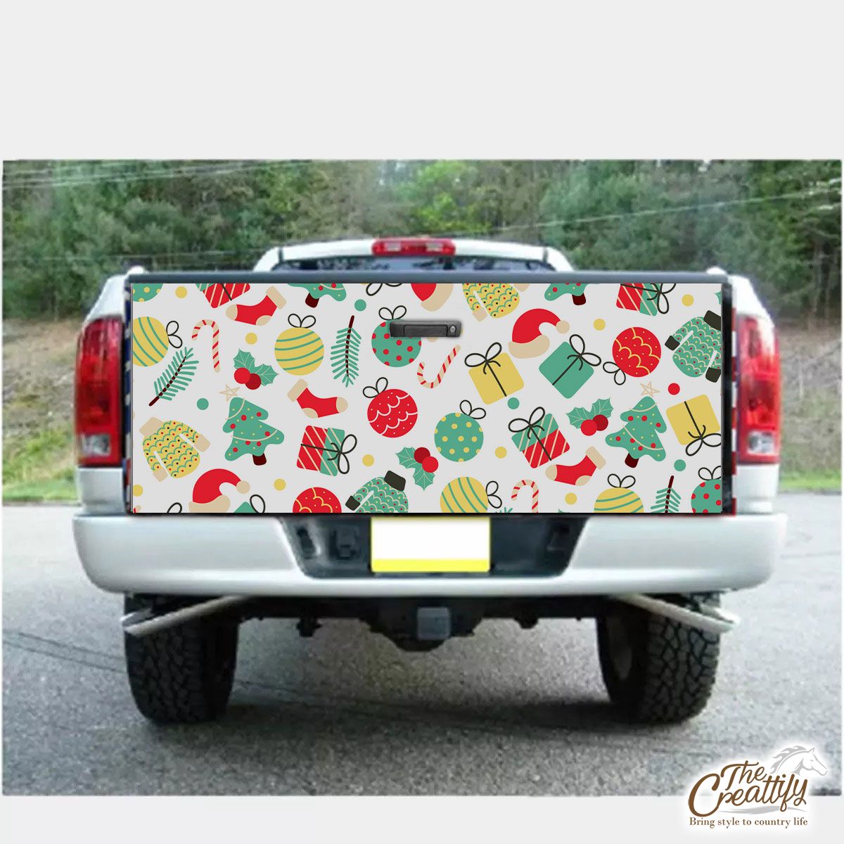 Christmas Gifts, Balls, Santa Hat, Red Socks, Candy Canes, Pattern Truck Bed Decal