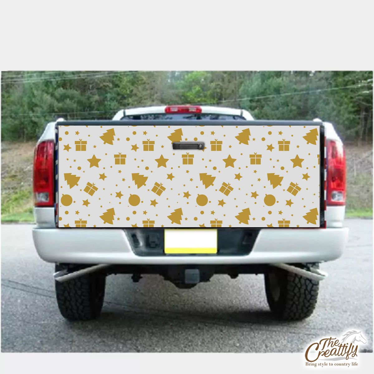 Christmas Gifts, Baudles And Pine Tree Silhouette Filled In Gold Color Pattern Truck Bed Decal