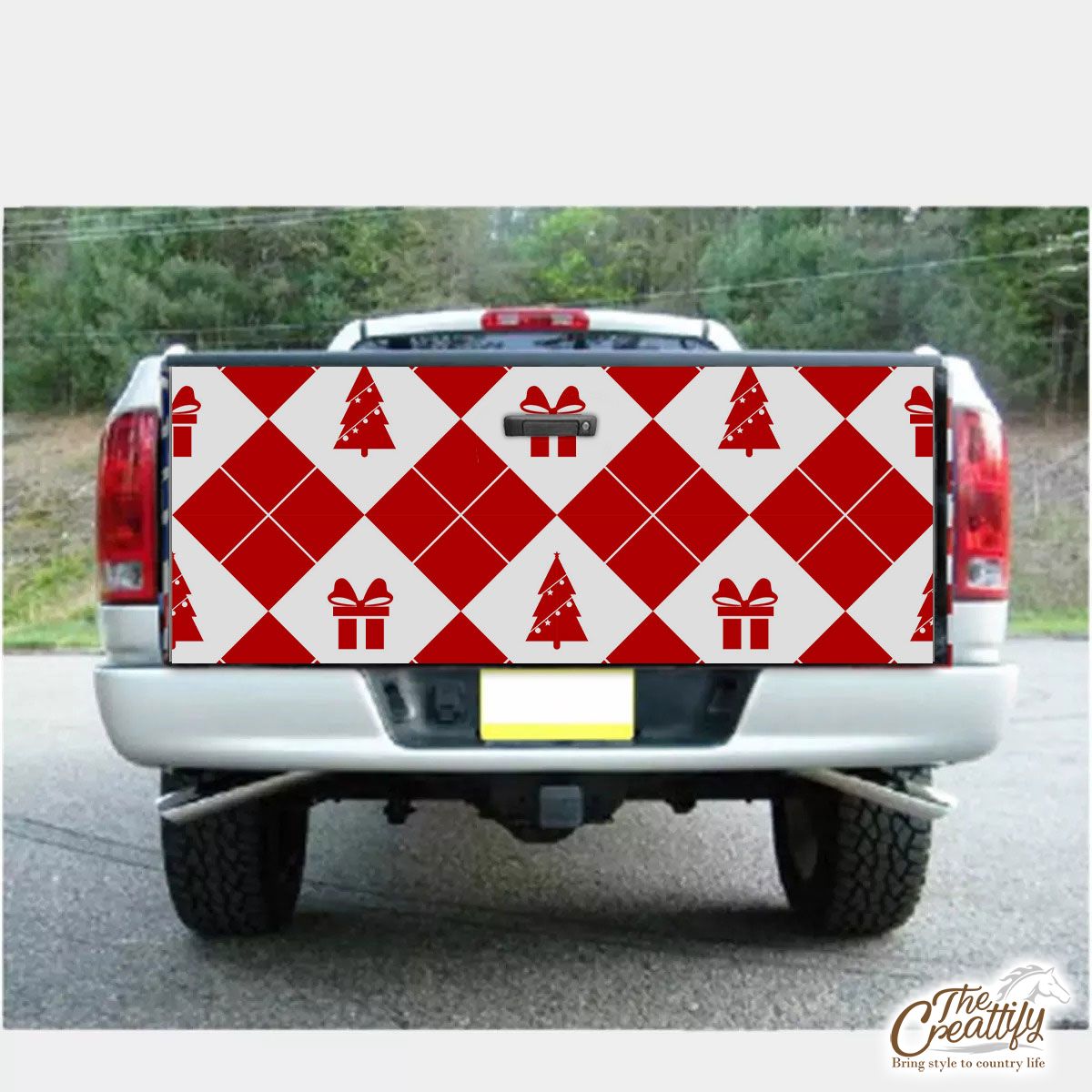 Christmas Gifts, Pine Tree Red And White Checkerboard Seamless Pattern Truck Bed Decal