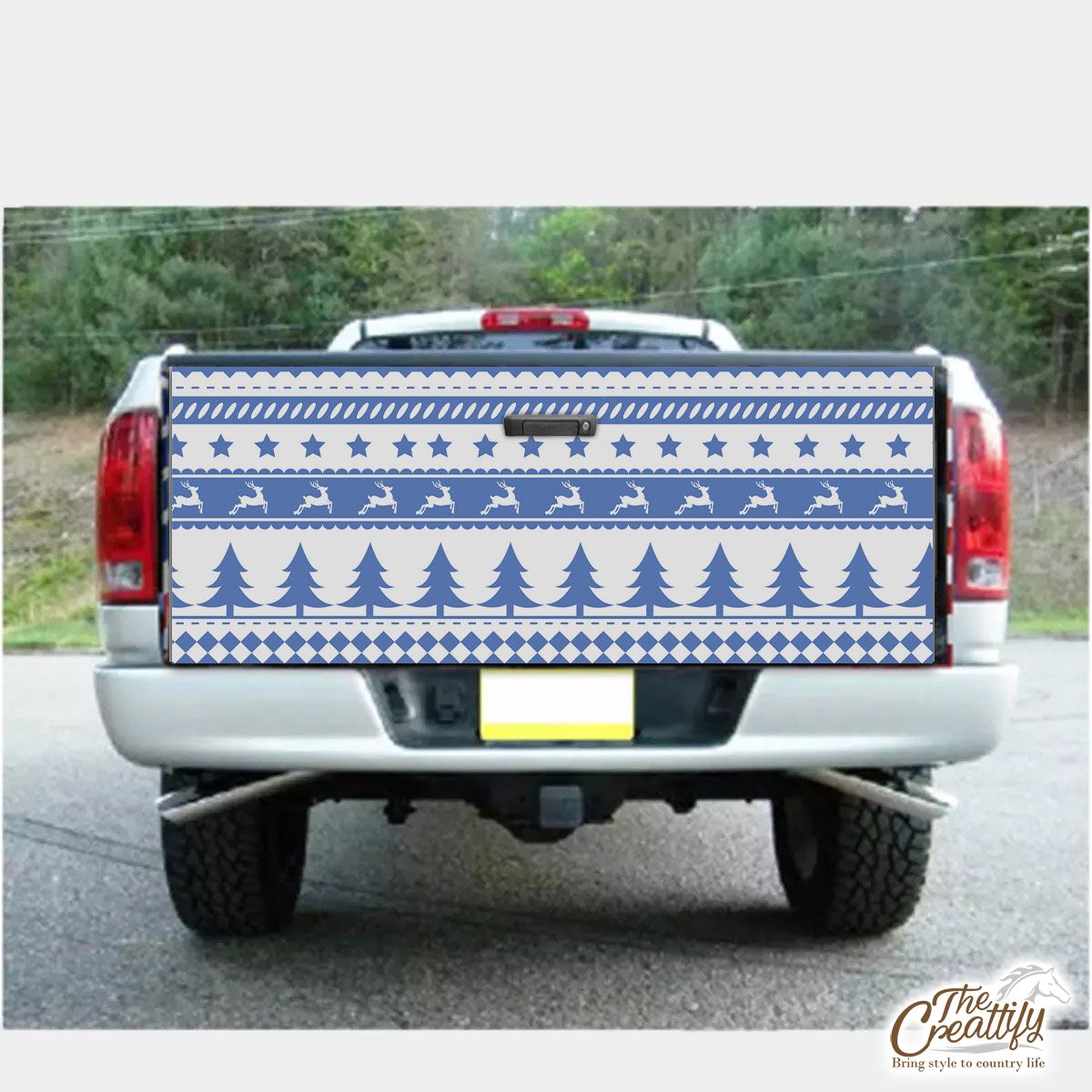 Christmas Pine Tree Silhouette, Reindeer And Snowflake Seamless Blue Pattern Truck Bed Decal