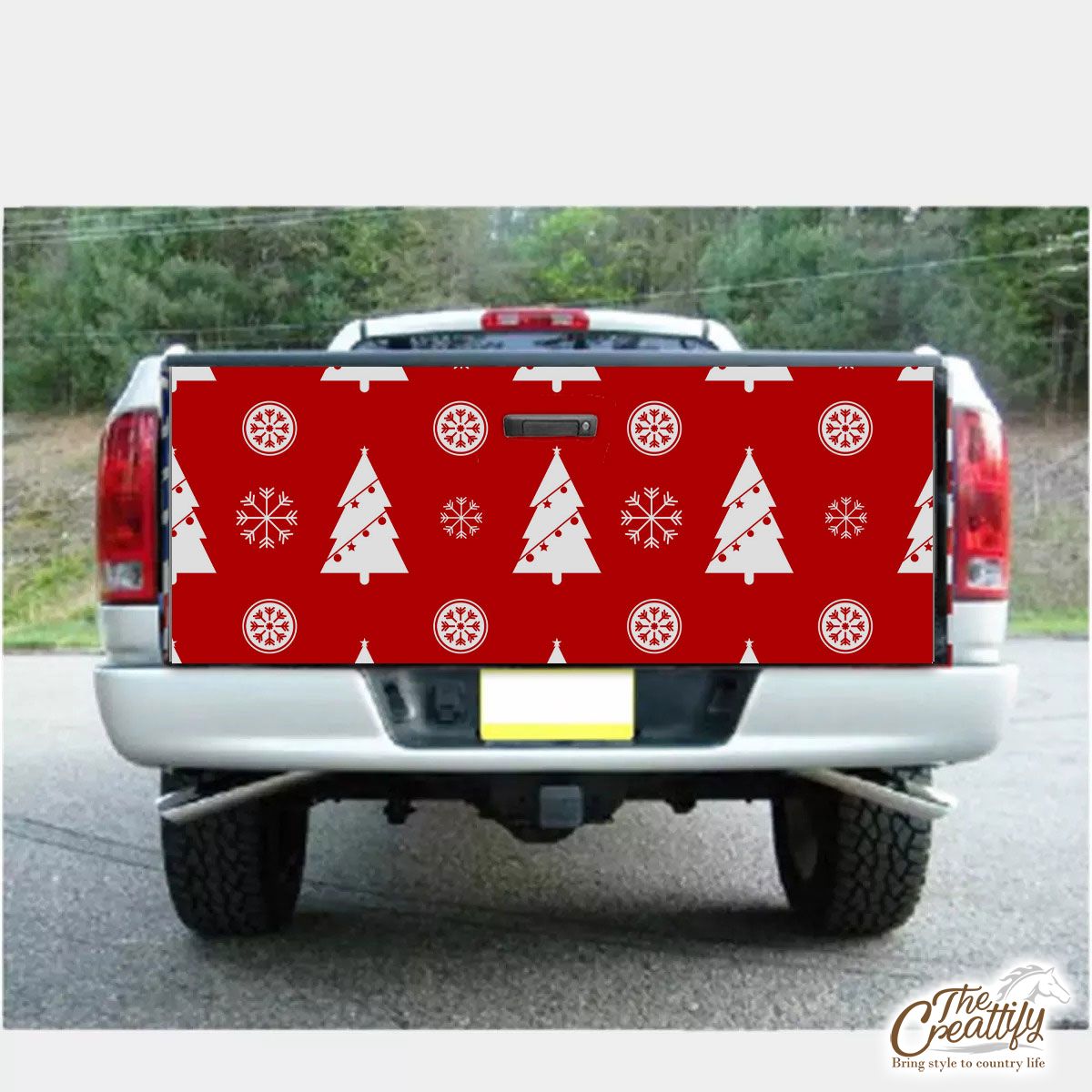 Pine Tree Decorated With Christmas Light And Snowflake Seamless Red Pattern Truck Bed Decal
