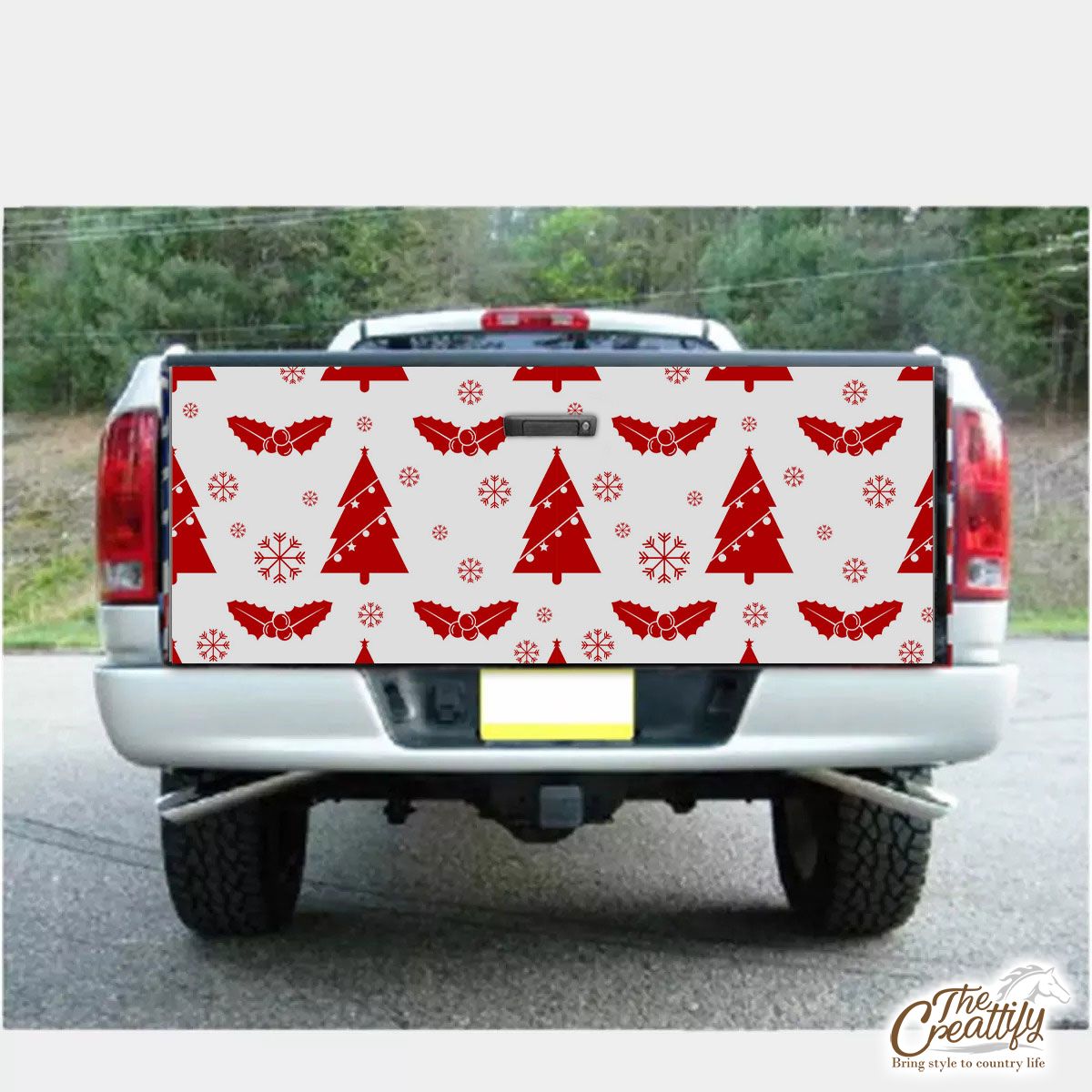 Pine Tree With Christmas Light And Holly Left On The Snowflake Background Truck Bed Decal