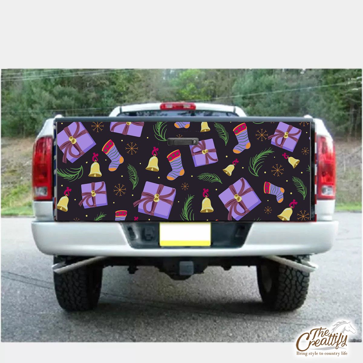 Purple Christmas Gifts And Socks With Bells On The Snowflake Dark Background Truck Bed Decal