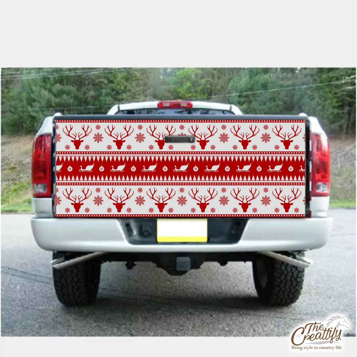 Red And White Reindeer, Santa Sleigh, Christmas Balls On The Snowflake Background Truck Bed Decal