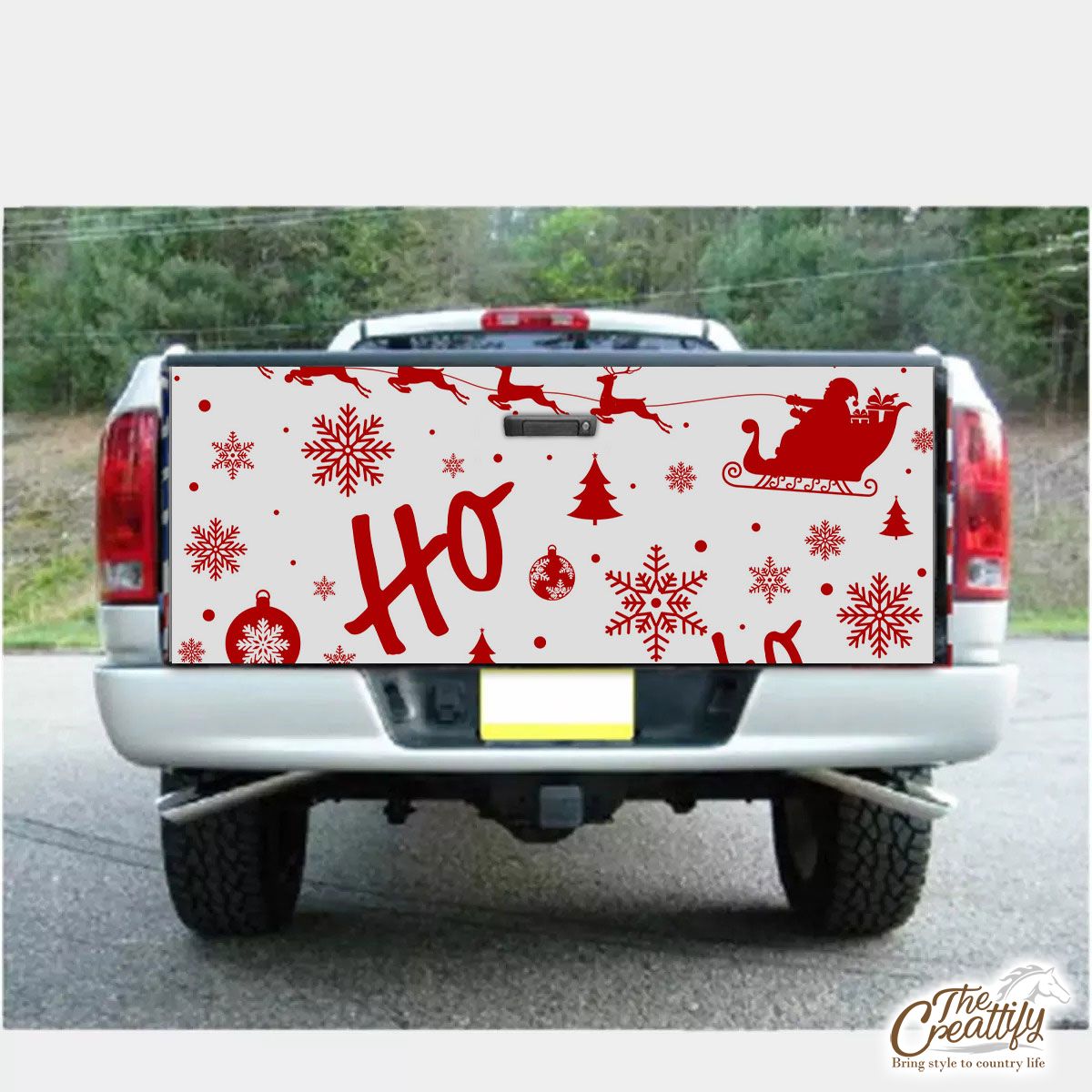 Santa Claus, Santas Reindeer And Christmas Sleigh On The Snowflake Background Truck Bed Decal
