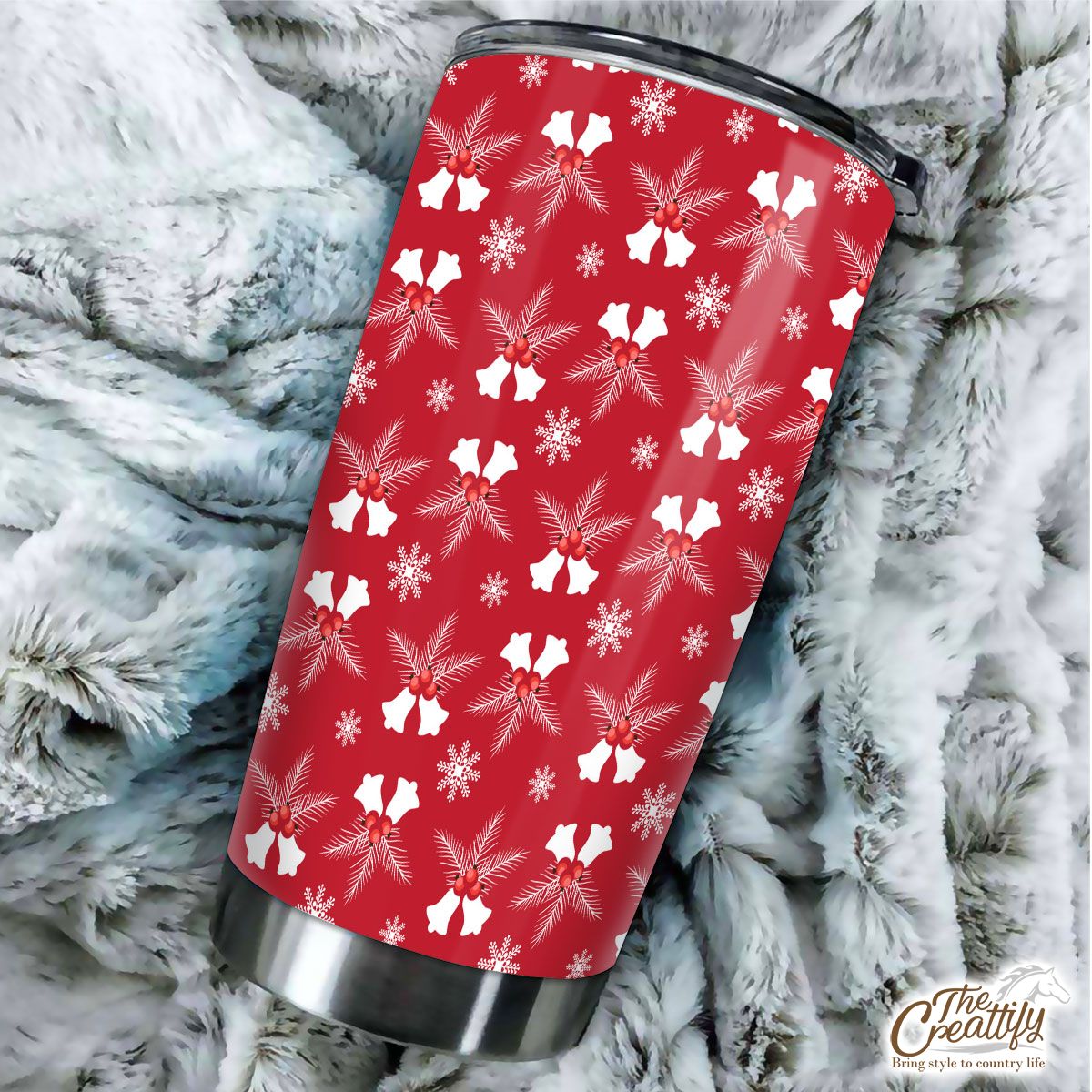 Christmas Bells With Cranberries On The Snowflake Red Background Tumbler