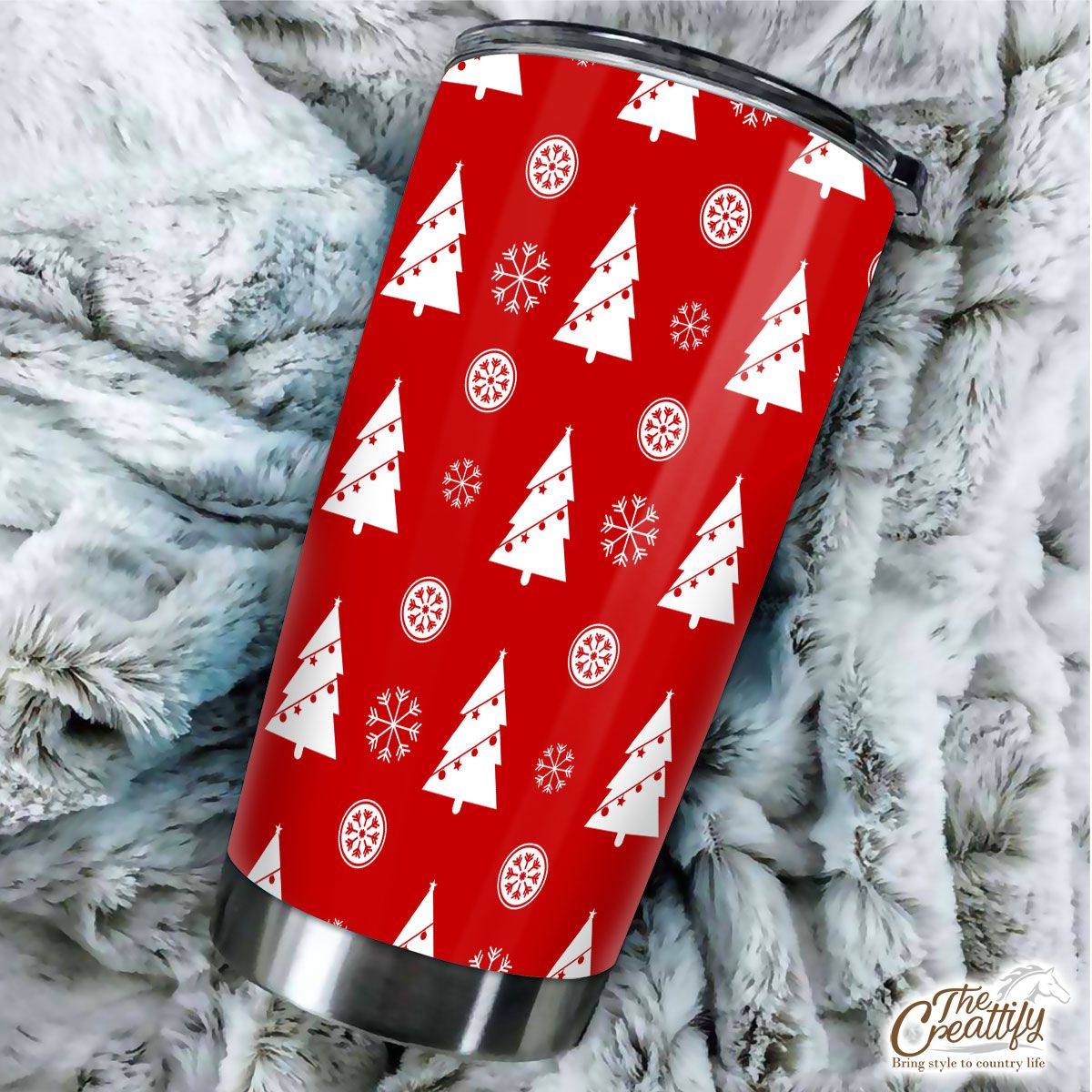 Pine Tree Decorated With Christmas Light And Snowflake Seamless Red Pattern Tumbler