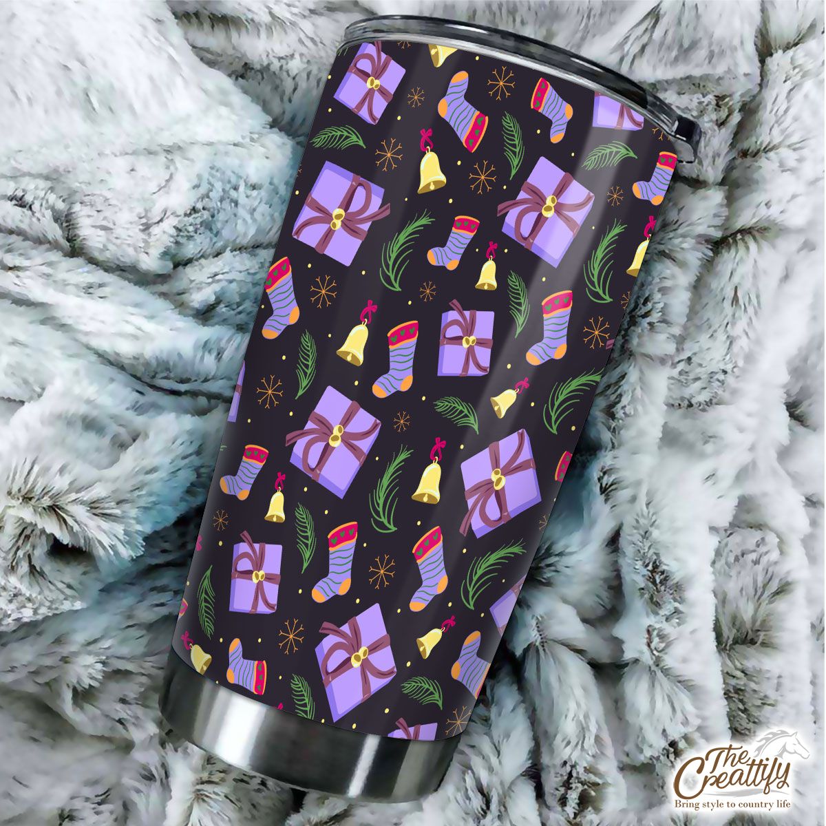 Purple Christmas Gifts And Socks With Bells On The Snowflake Dark Background Tumbler