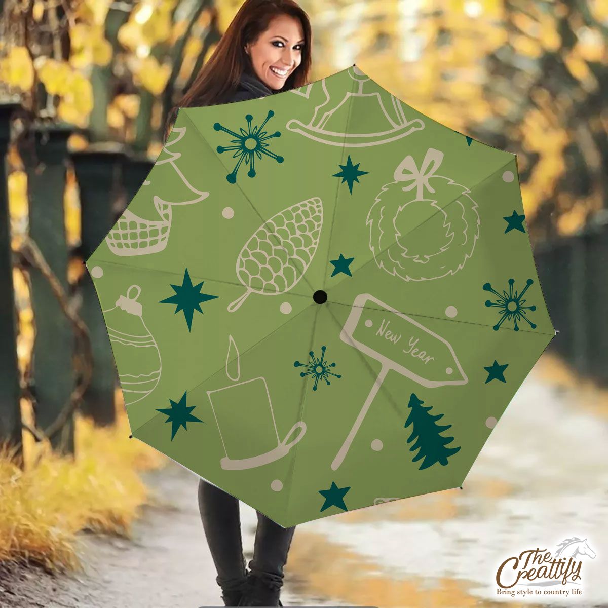 Christmas Balls, Pine Tree Silhouette On The Snowflake Background Umbrella