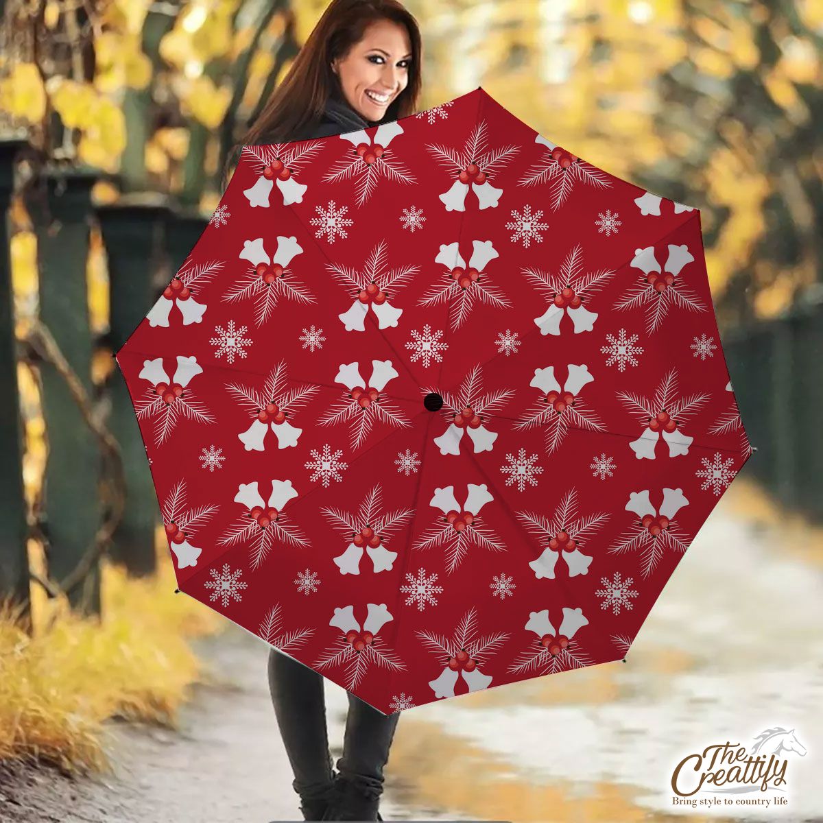Christmas Bells With Cranberries On The Snowflake Red Background Umbrella