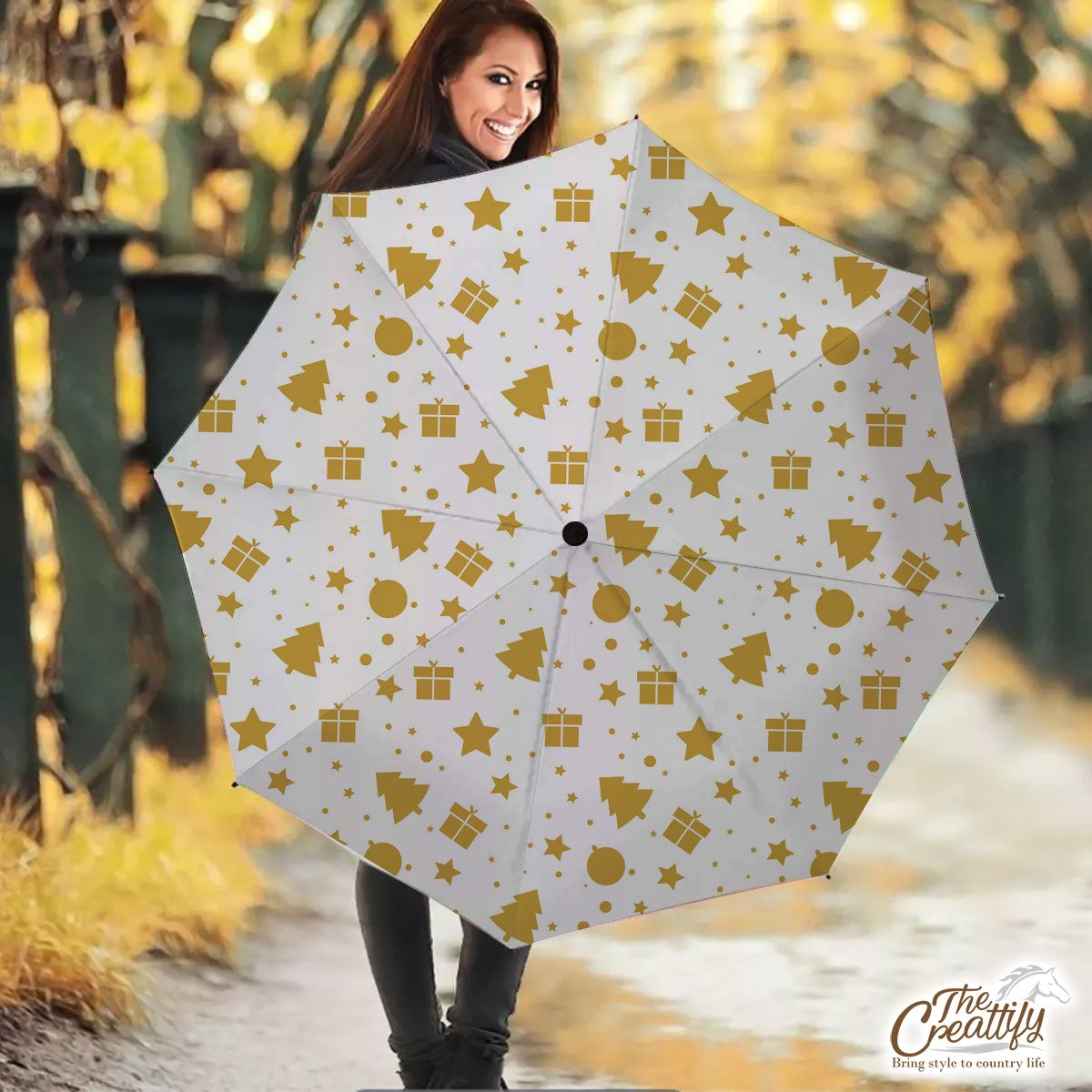 Christmas Gifts, Baudles And Pine Tree Silhouette Filled In Gold Color Pattern Umbrella