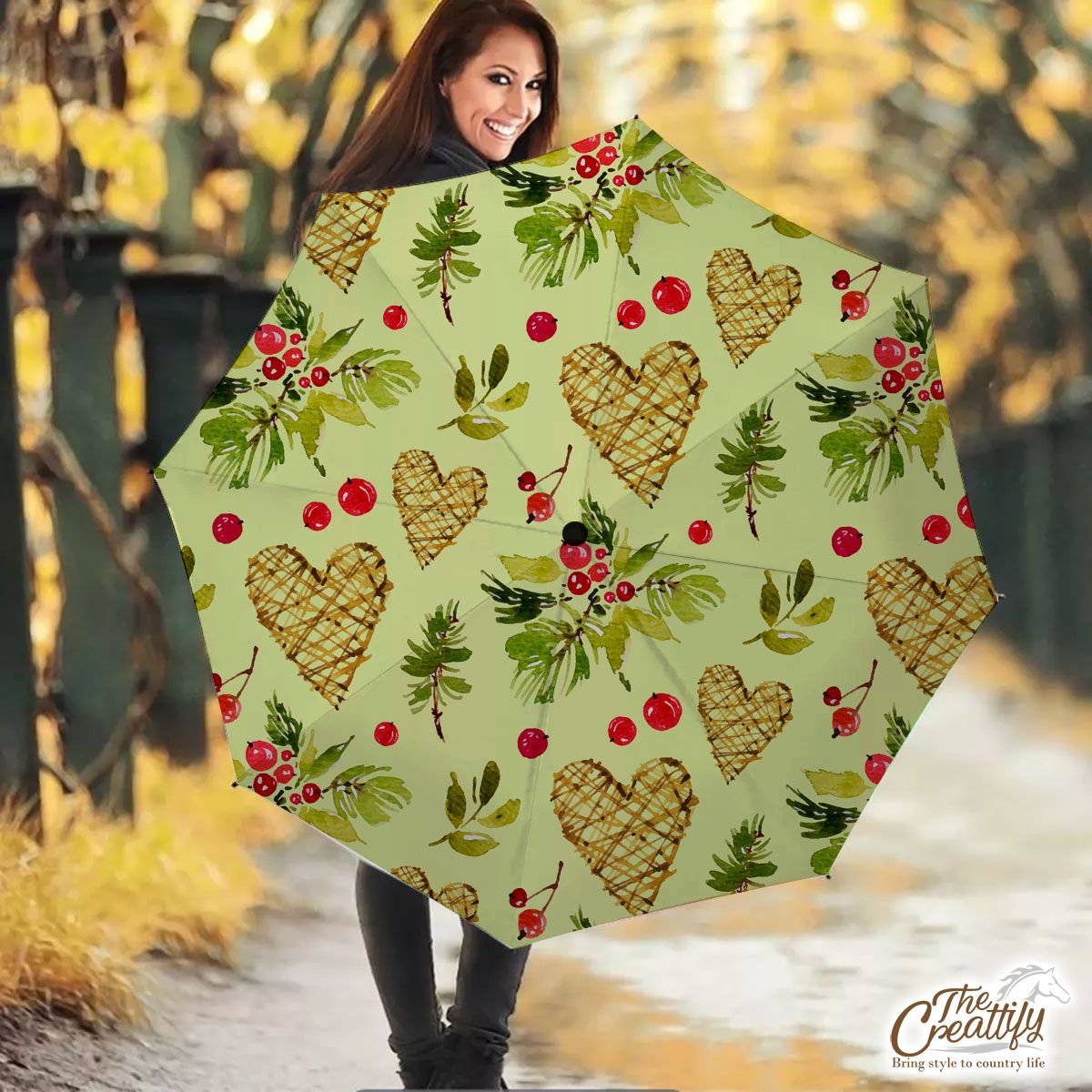 Christmas Mistletoe Drawing With Heart Seamless Pattern Umbrella