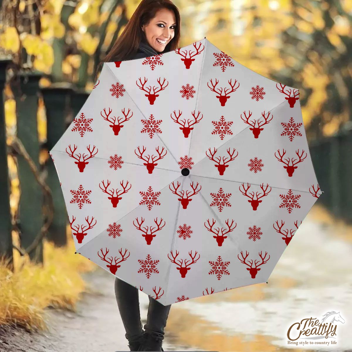 Christmas Reindeer And Snowflake Clipart Seamless White Pattern Umbrella