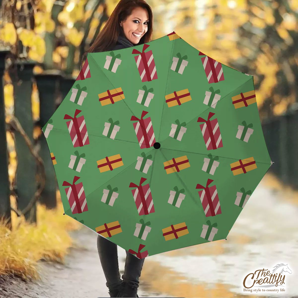 Colorful Christmas Gifts Seamless Green Pattern Umbrella