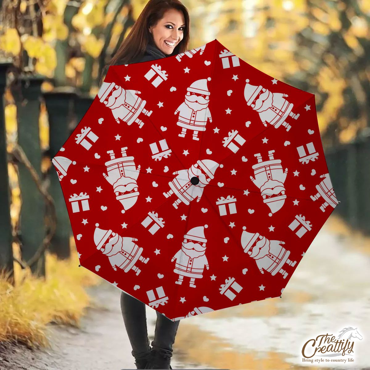 Cute Santa Claus With Christmas Gifts On The Red Background Umbrella
