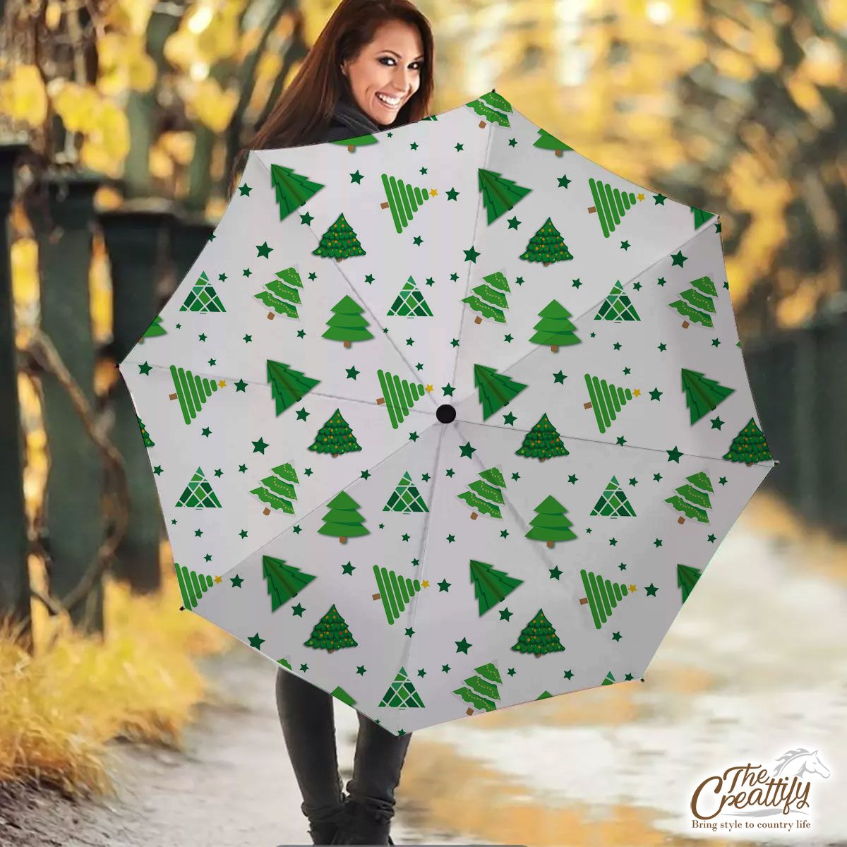 Green And White Pine Tree Seamless Pattern Umbrella