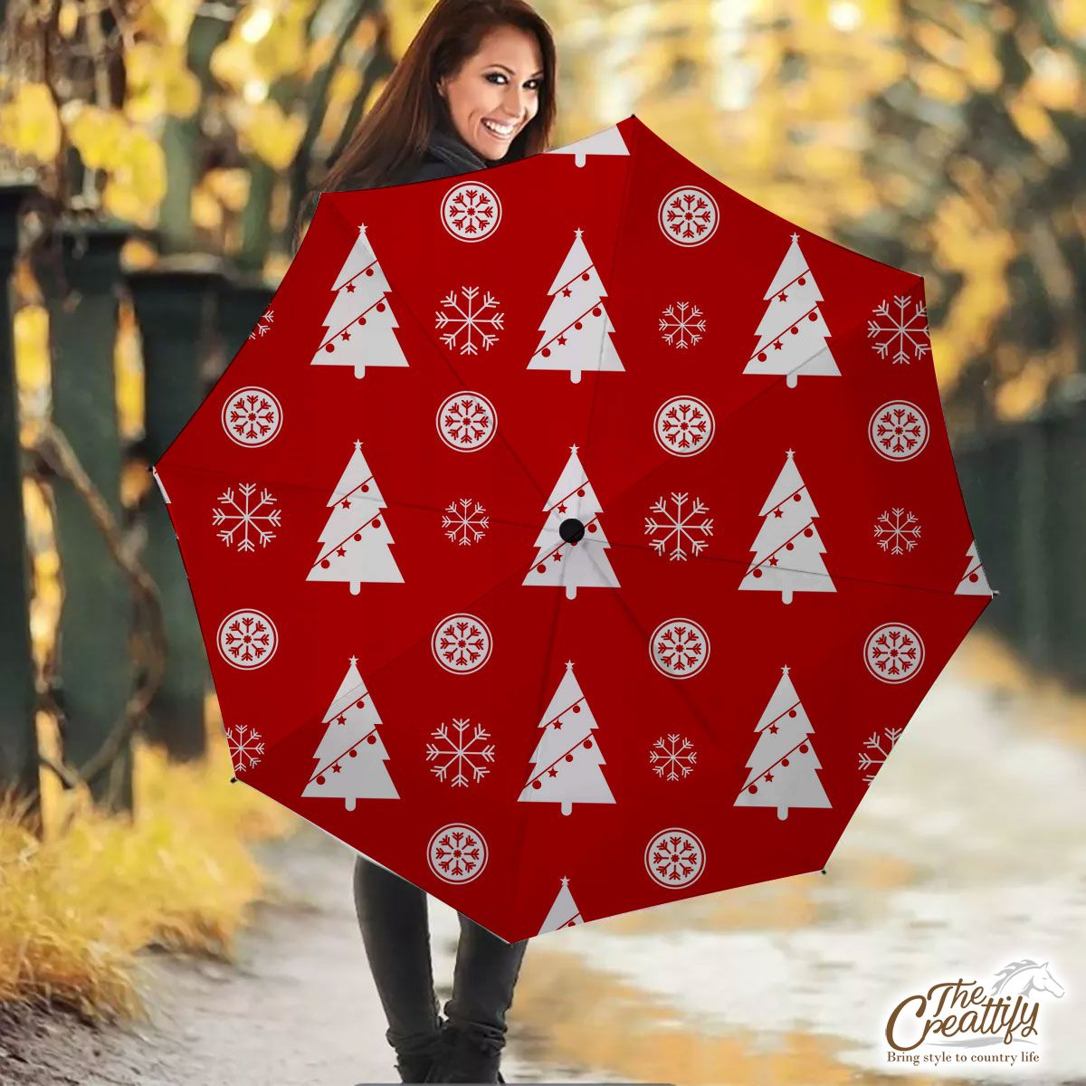 Pine Tree Decorated With Christmas Light And Snowflake Seamless Red Pattern Umbrella
