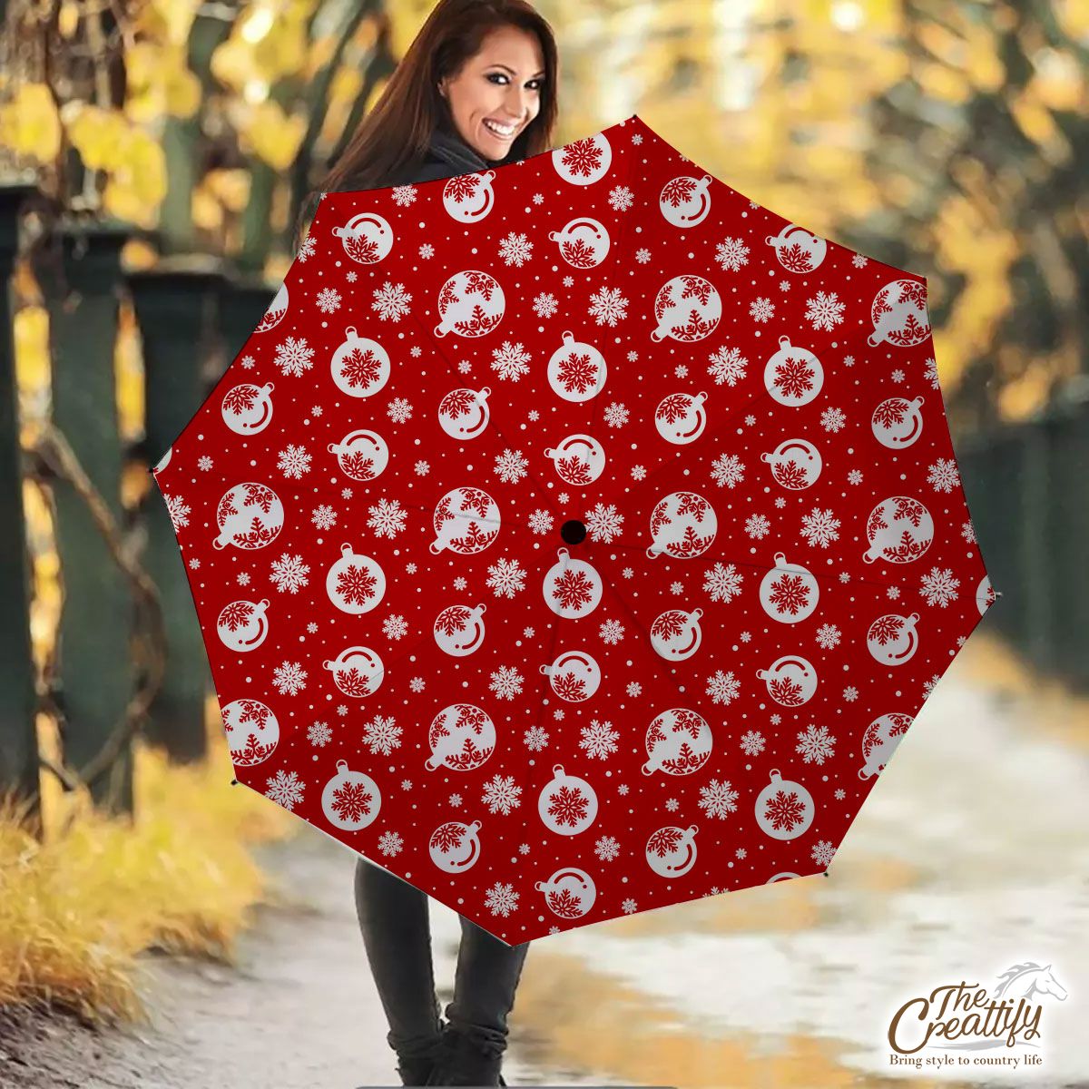 Red And White Christmas Balls On The Snowflake Background Umbrella