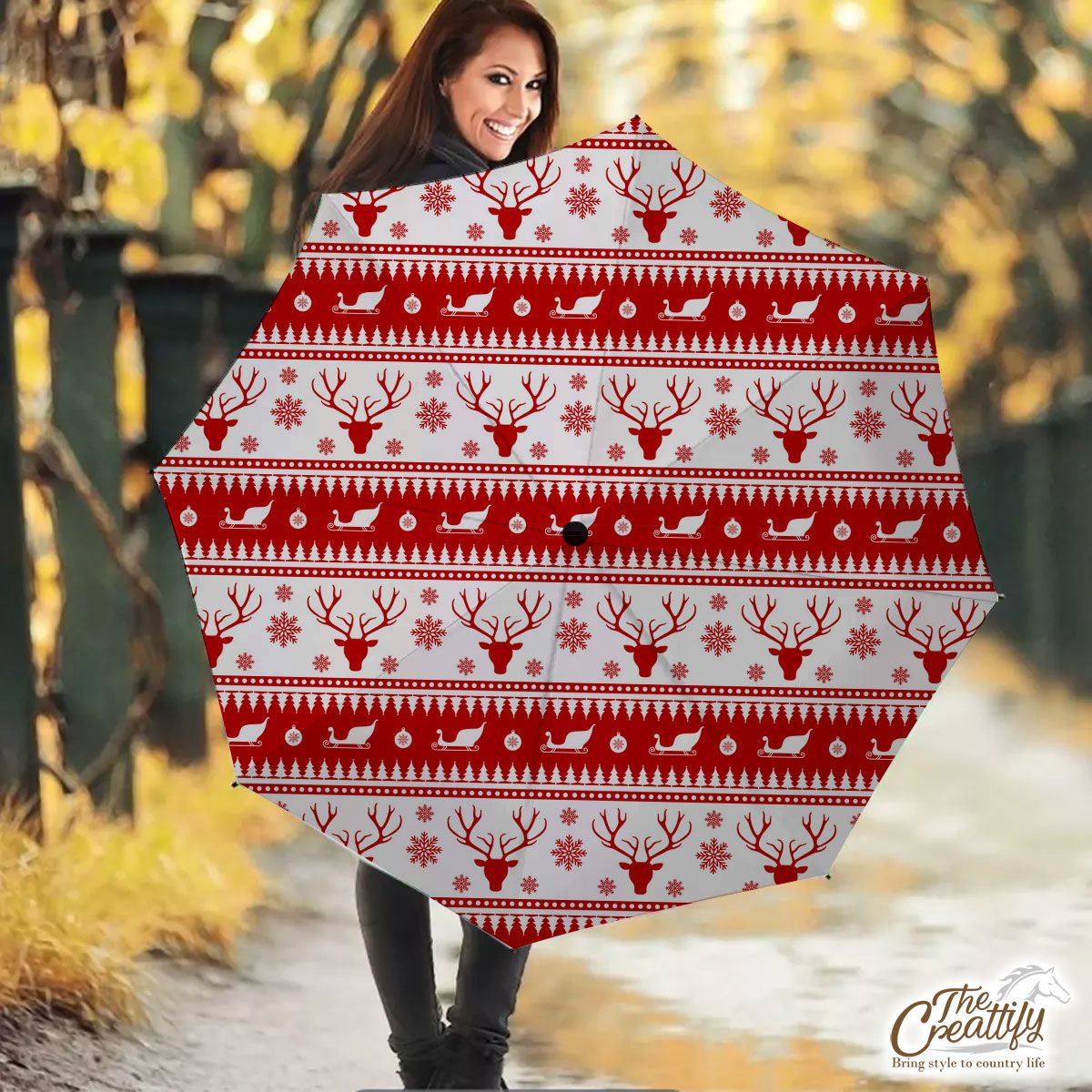 Red And White Reindeer, Santa Sleigh, Christmas Balls On The Snowflake Background Umbrella