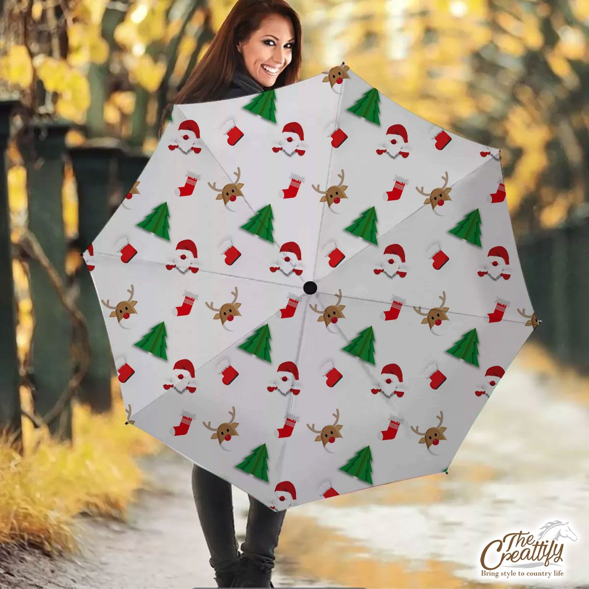 Santa Claus, Pine Tree Silhouette, Christmas Reindeer And Red Socks Seamless Pattern Umbrella