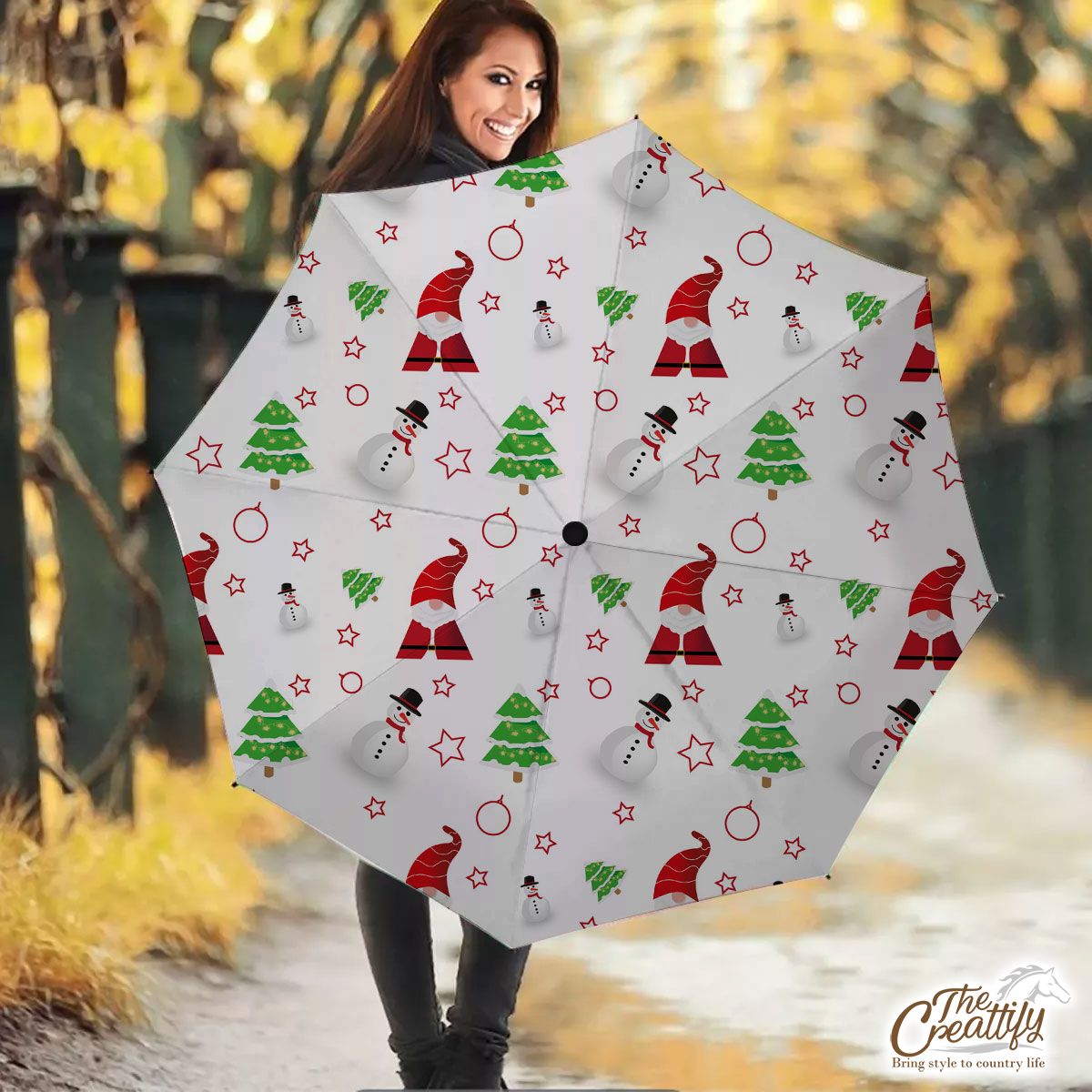 Santa Claus, Snowman Clipart And Pine Tree Silhouette Seamless Pattern Umbrella