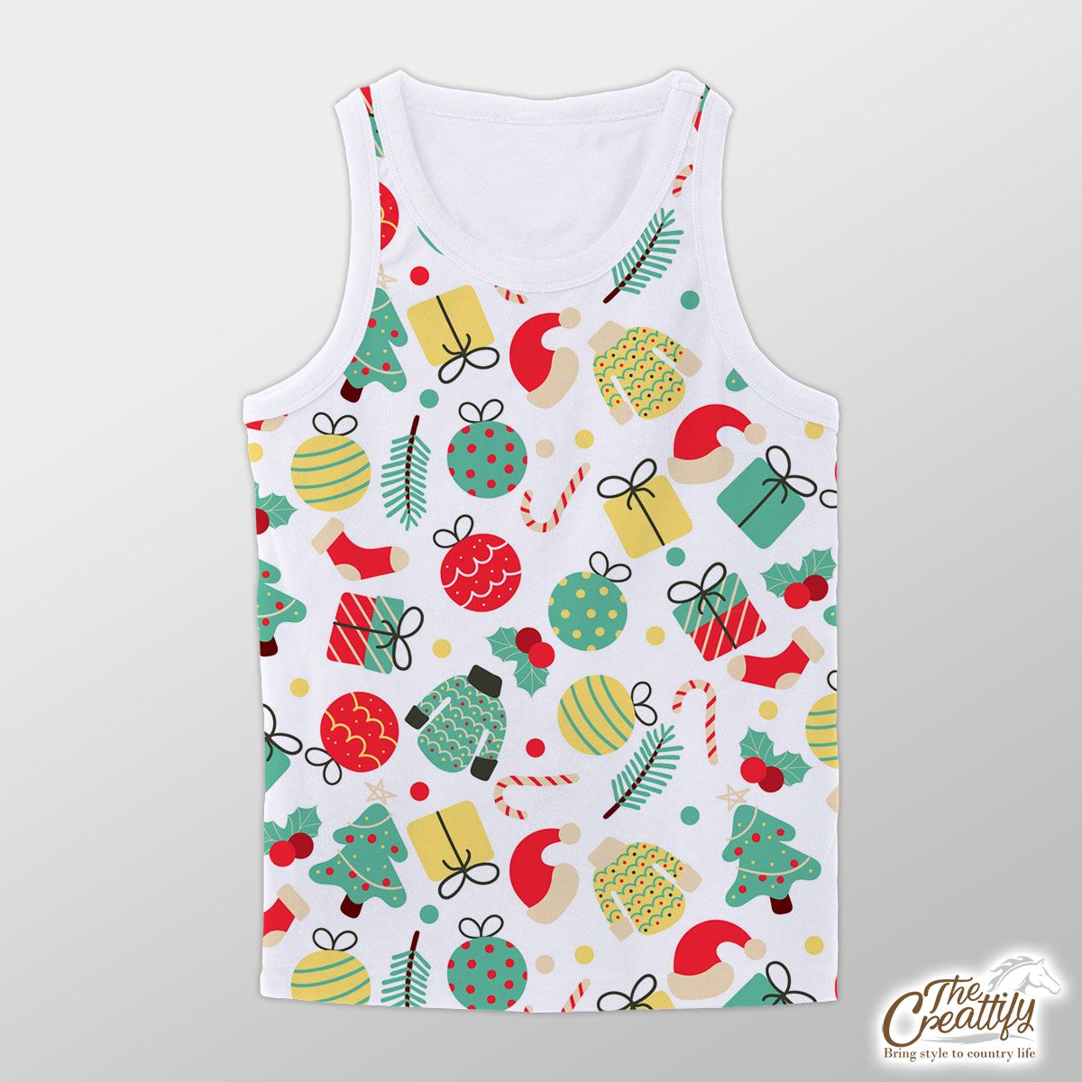 Christmas Gifts, Balls, Santa Hat, Red Socks, Candy Canes, Pattern Unisex Tank Top