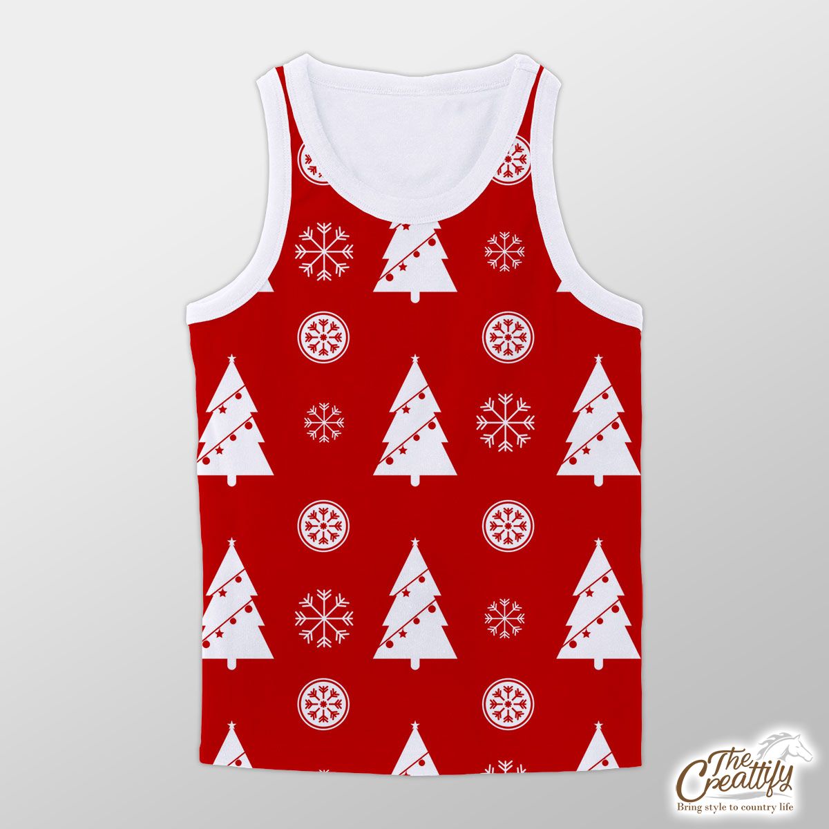 Pine Tree Decorated With Christmas Light And Snowflake Seamless Red Pattern Unisex Tank Top