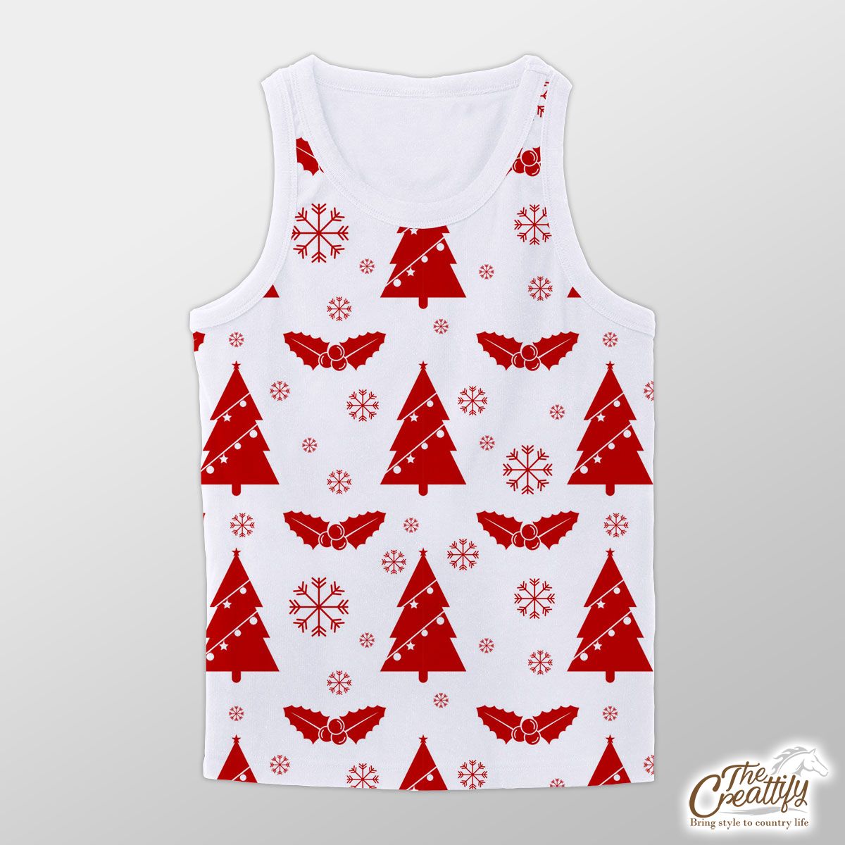 Pine Tree With Christmas Light And Holly Left On The Snowflake Background Unisex Tank Top