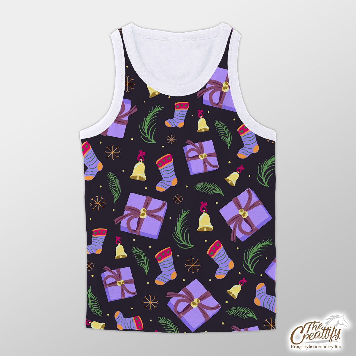 Purple Christmas Gifts And Socks With Bells On The Snowflake Dark Background Unisex Tank Top