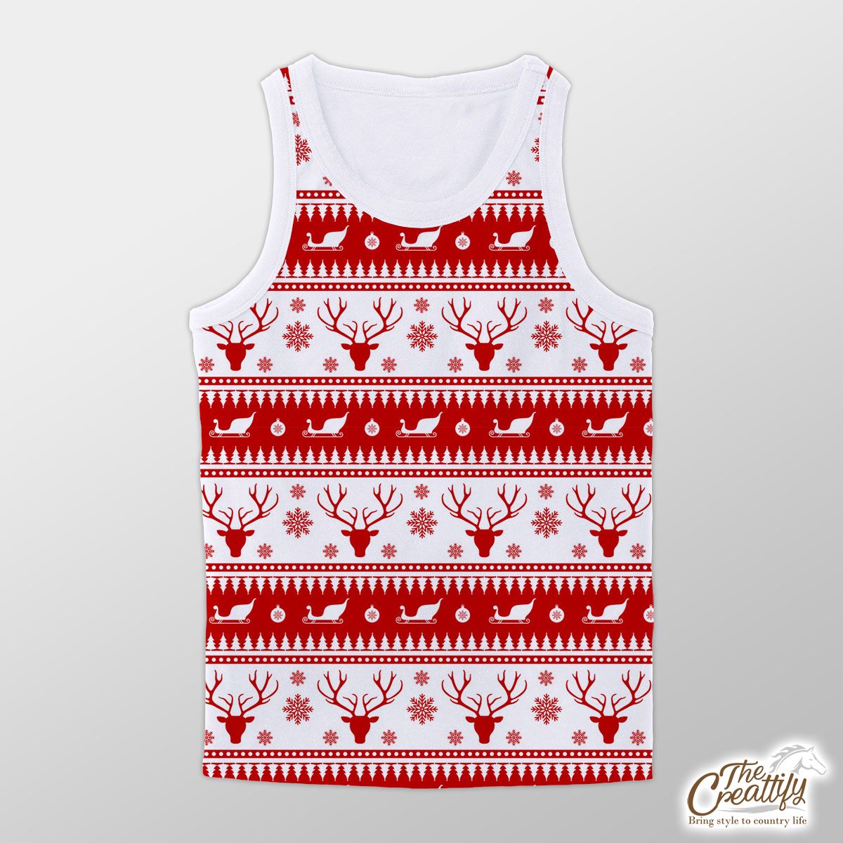 Red And White Reindeer, Santa Sleigh, Christmas Balls On The Snowflake Background Unisex Tank Top