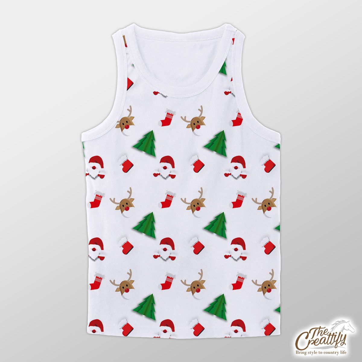 Santa Claus, Pine Tree Silhouette, Christmas Reindeer And Red Socks Seamless Pattern Unisex Tank Top