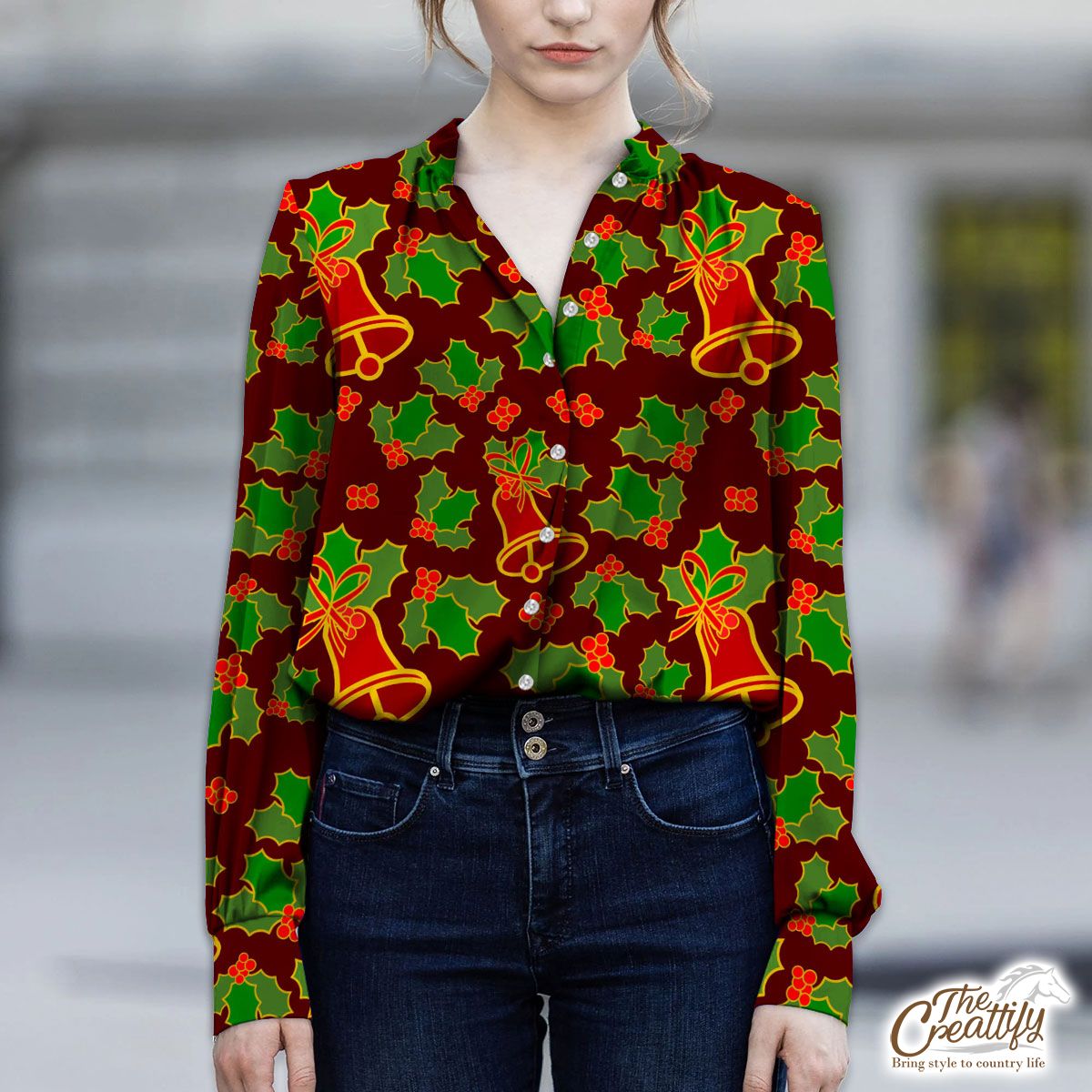 Christmas Bells And Holly Left On The Red Background V-Neckline Blouses