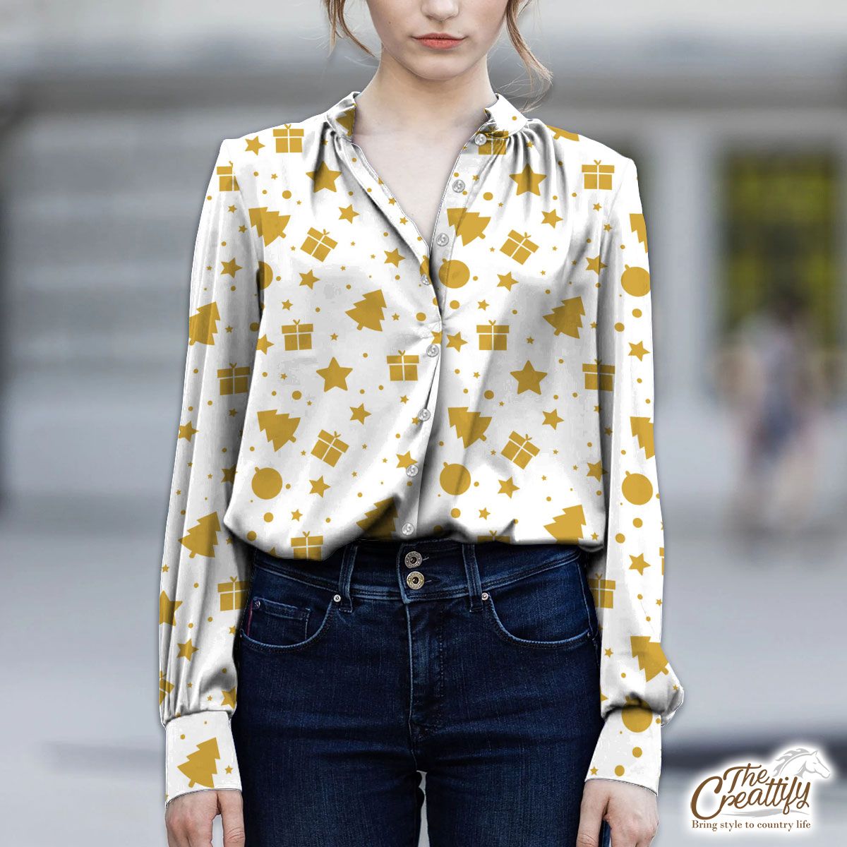 Christmas Gifts, Baudles And Pine Tree Silhouette Filled In Gold Color Pattern V-Neckline Blouses