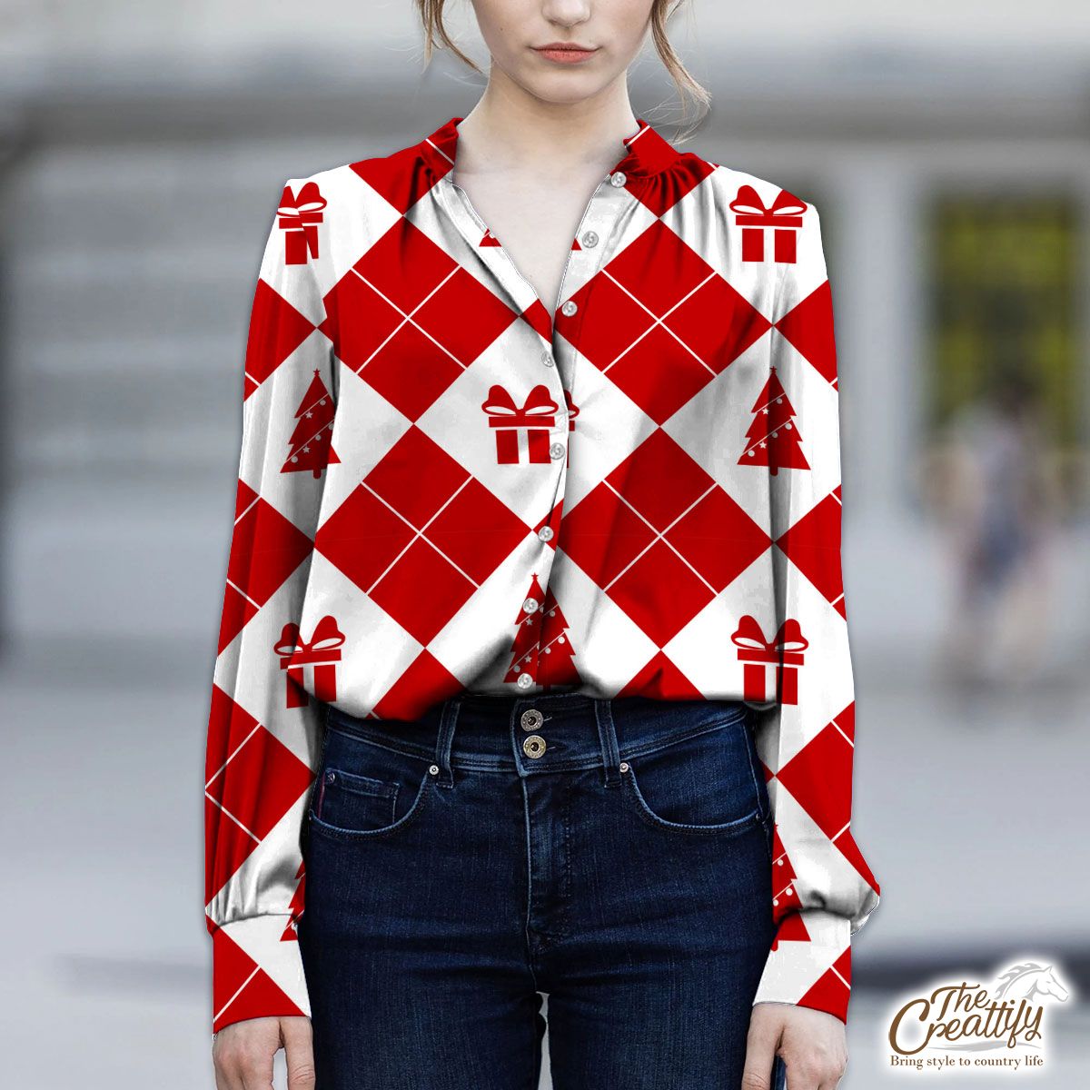 Christmas Gifts, Pine Tree Red And White Checkerboard Seamless Pattern V-Neckline Blouses