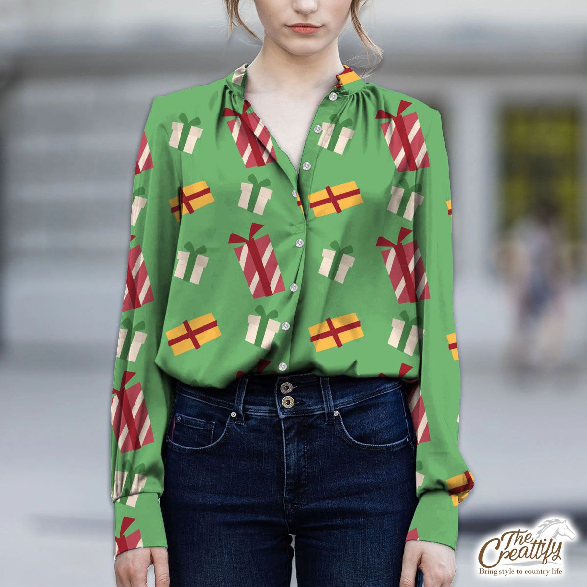 Colorful Christmas Gifts Seamless Green Pattern V-Neckline Blouses