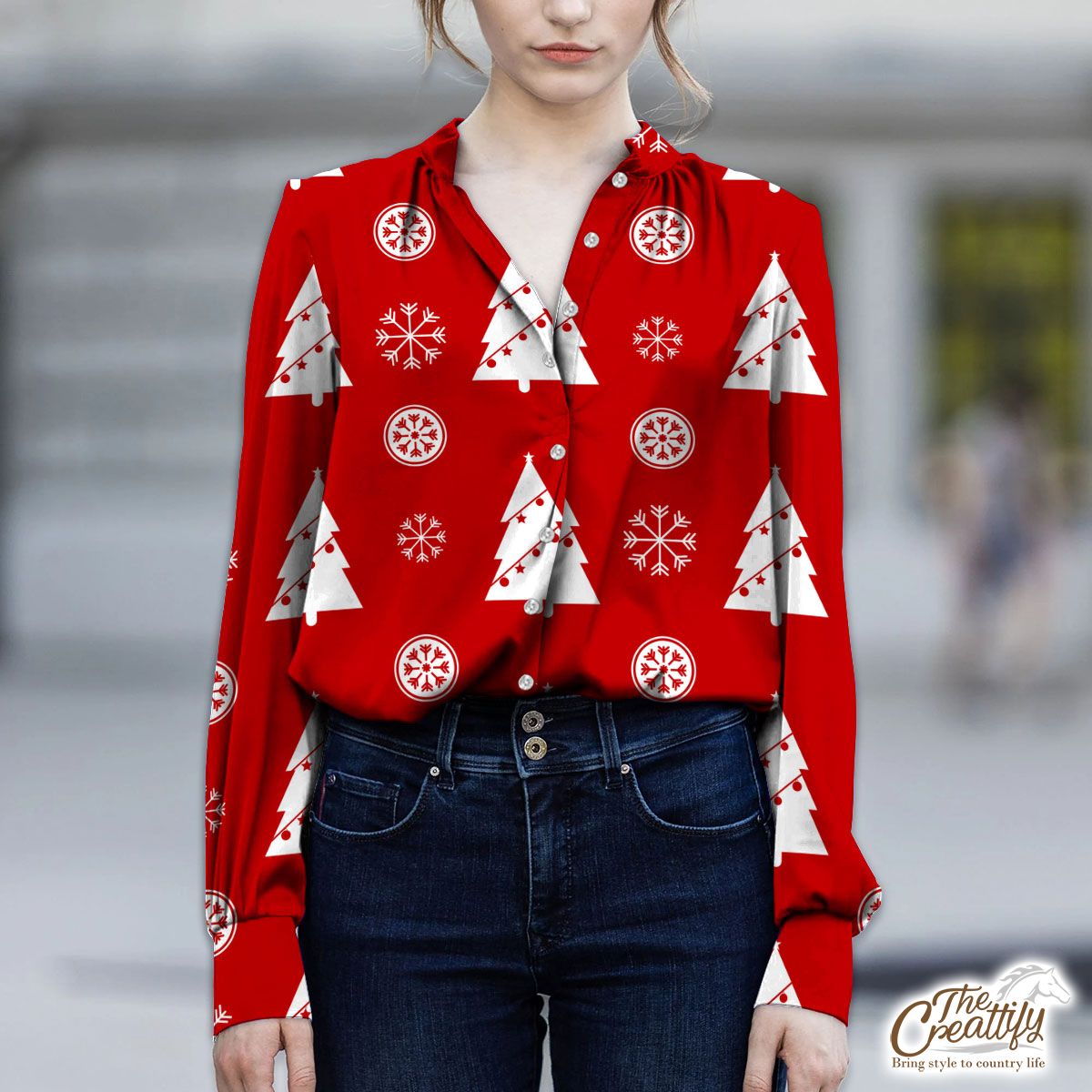 Pine Tree Decorated With Christmas Light And Snowflake Seamless Red Pattern V-Neckline Blouses