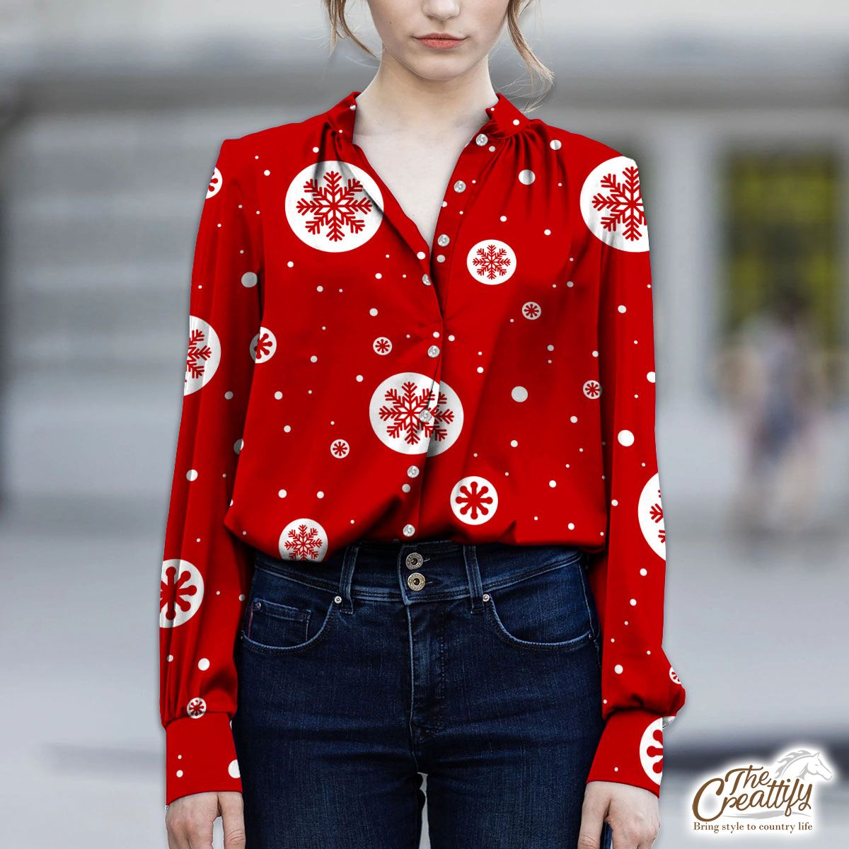 Snowflake Clipart On The Red Background V-Neckline Blouses